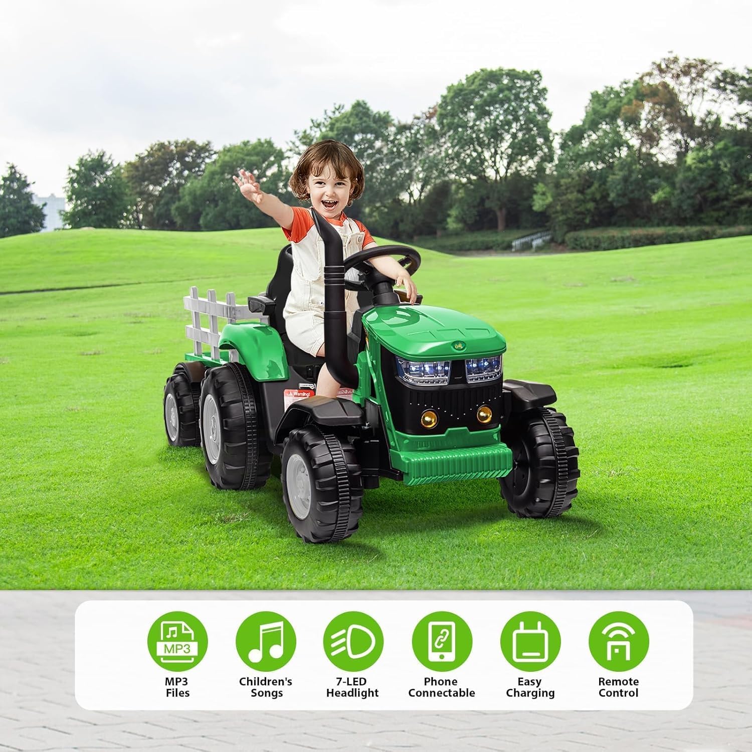Elektrischer Traktor für Kinder, Grün, Traktor für Kinder, elektrisch, mit abnehmbarem Anhänger, Doppelmotor 35 W, 12 V, 7 Ah, Fernbedienung für Eltern, Musik, LED-Hupe, Traktor, Spielzeug