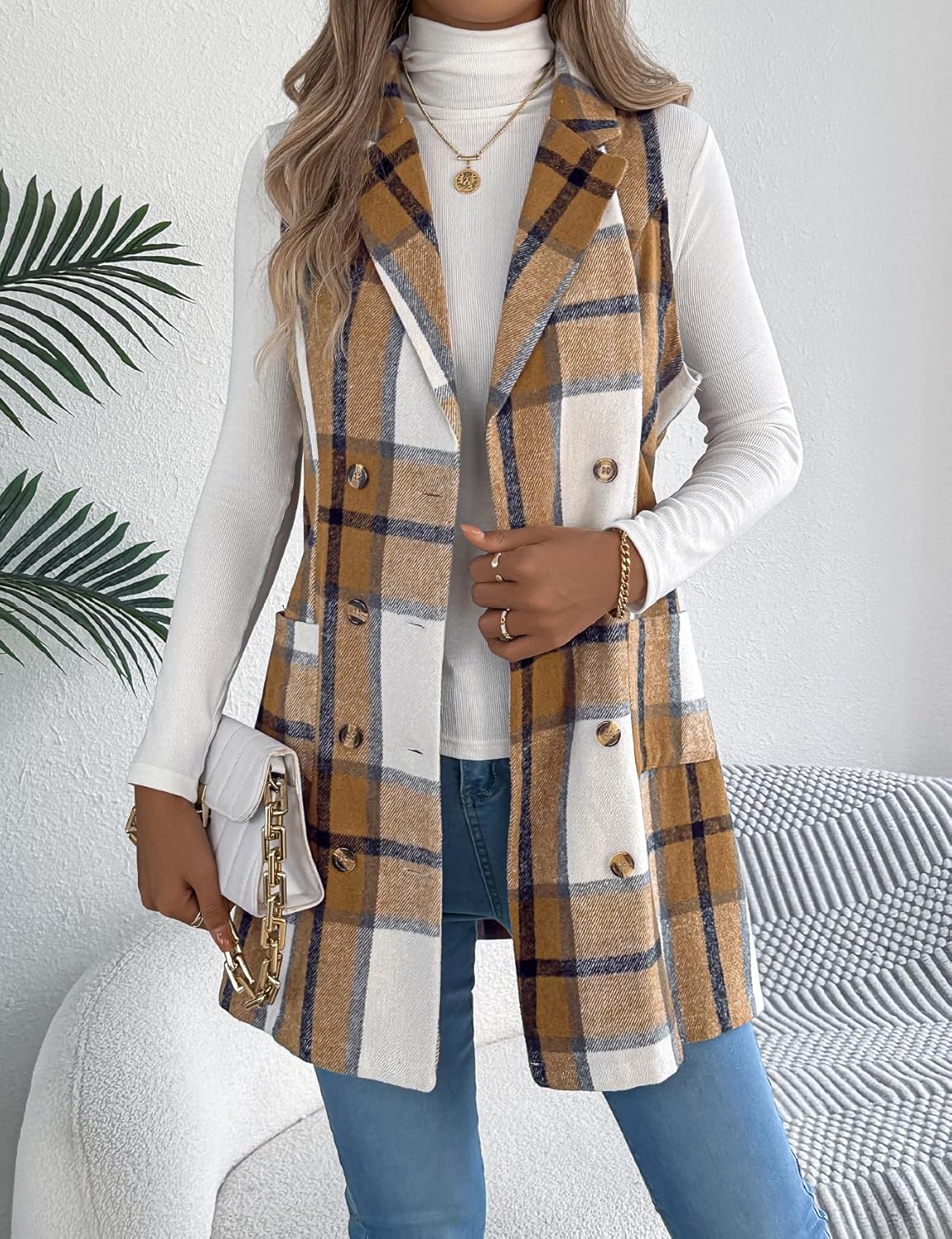 IDEALSANXUN Womens Plaid Vest Jackets Fall Winter Casual Sleeveless Blazer Waistcoat