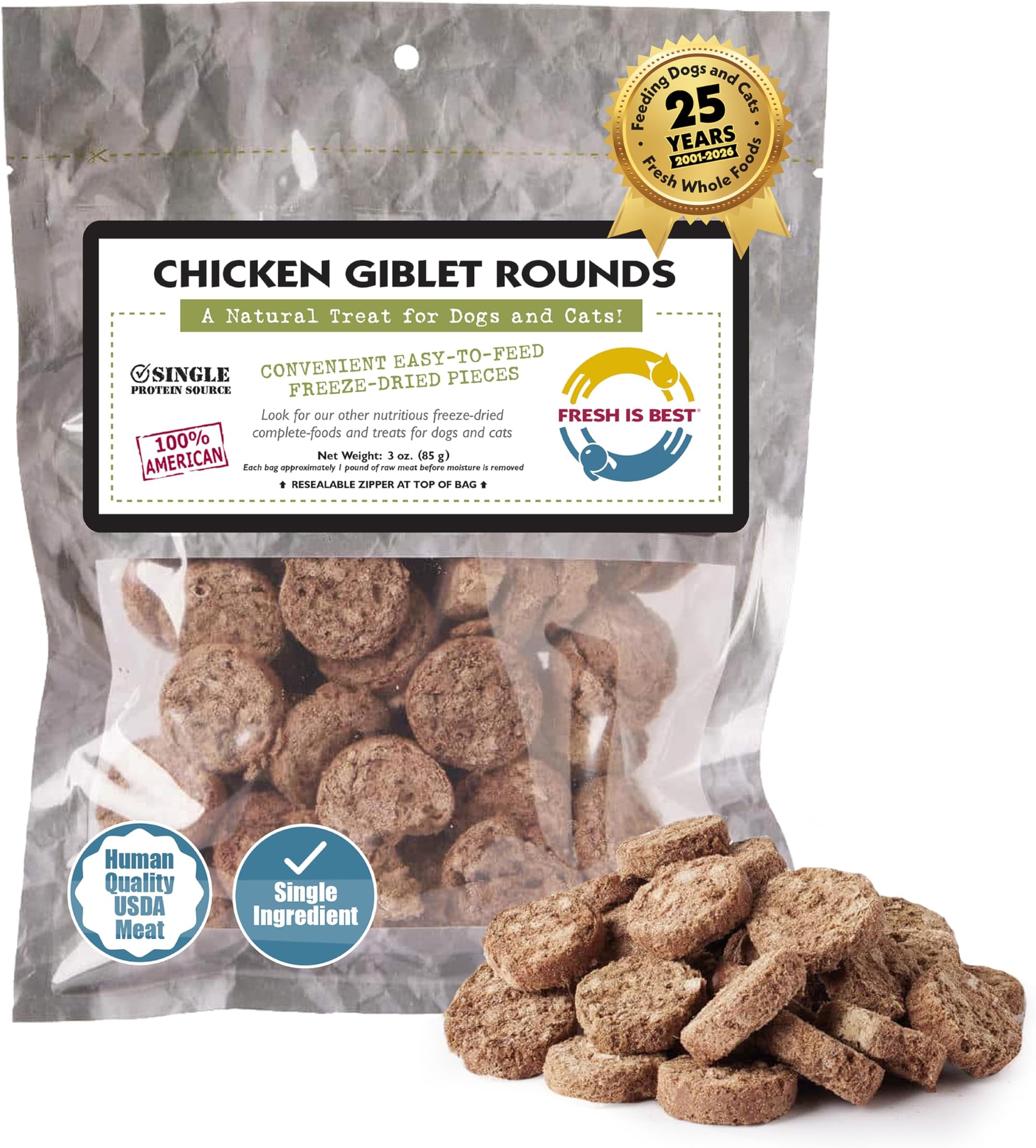 Fresh Is Best Freeze Dried Dog Treats - Freeze Dried Chicken Giblets - Fresh Cat & Dog Training Treats in Resealable Zipper Bag - Raw Chicken Hearts, Livers, and Gizzards Treat - Made in the USA