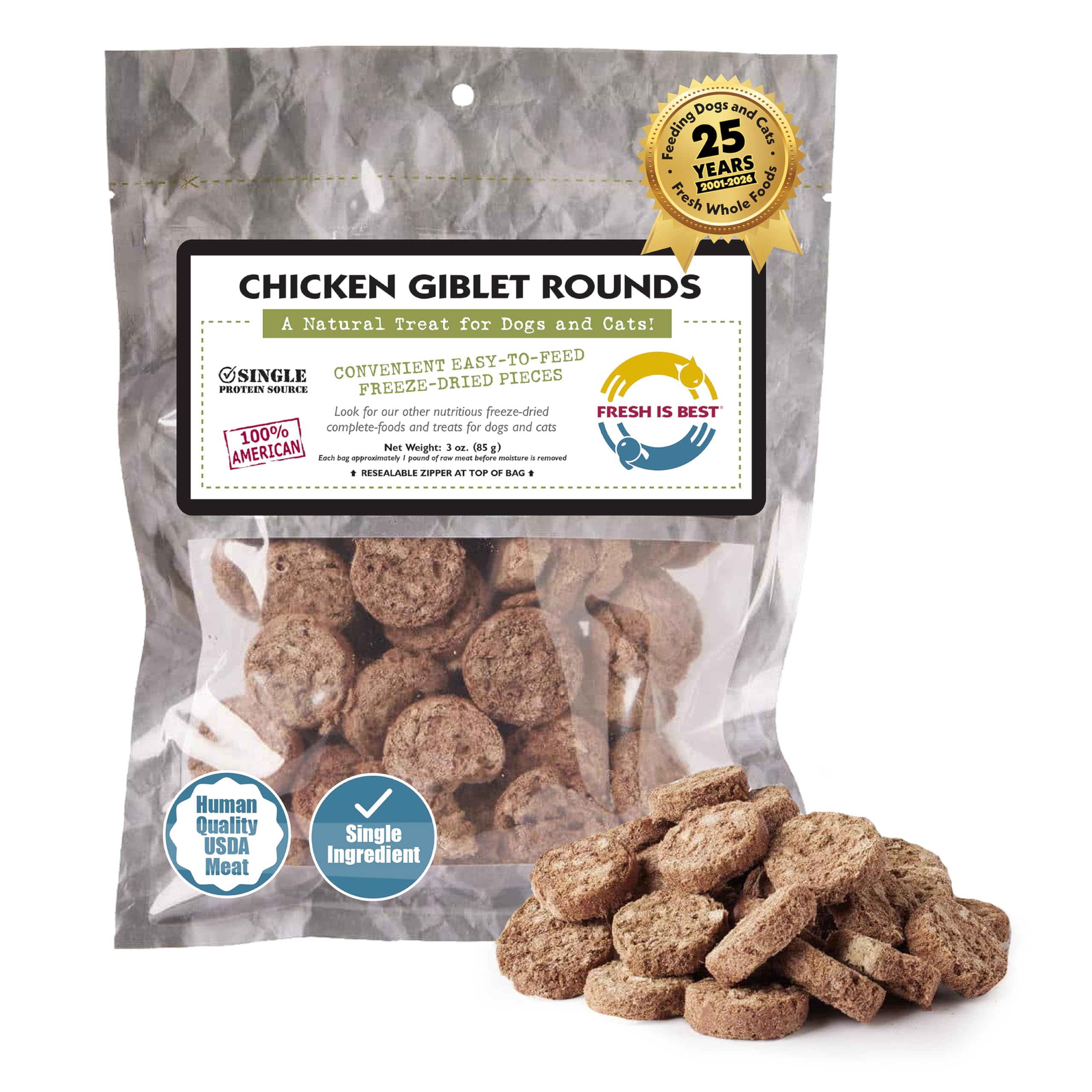 Fresh Is Best Freeze Dried Dog Treats - Freeze Dried Chicken Giblets - Fresh Cat & Dog Training Treats in Resealable Zipper Bag - Raw Chicken Hearts, Livers, and Gizzards Treat - Made in The USA