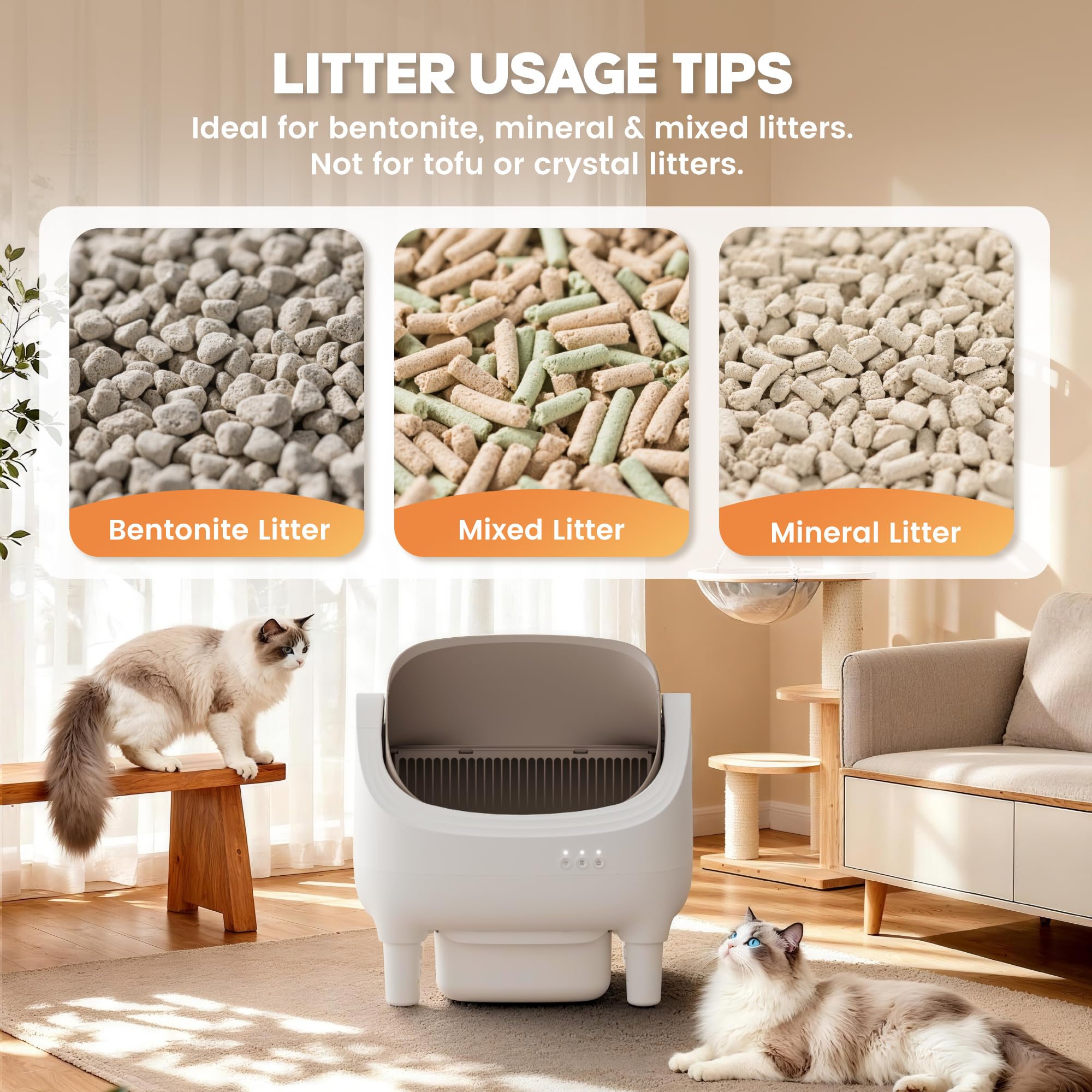 Greesum Self Cleaning Cat Litter Box – Automatic Open-Top Smart Litter Box with App Control, 15L Odor-Sealed Waste Bin, Ultra Quiet 35dB, Multi-Cat & Large Cat Compatible, with Trash Bags & Mat - image 6