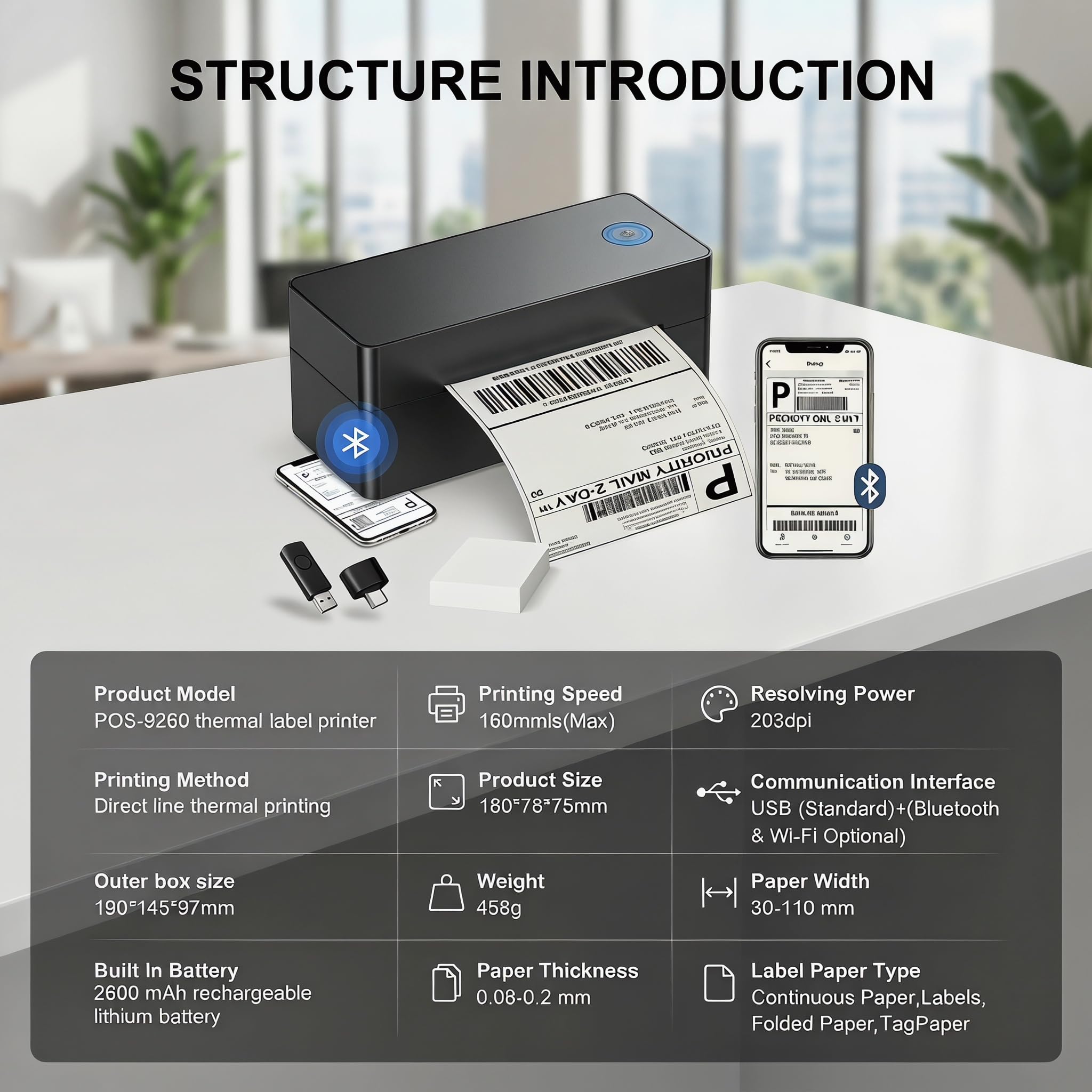 Stampante Etichette Termica Bluetooth 4x6 (100x150mm), per Spedizioni DHL, Amazon FBA & Shopify, Inclusi Supporto, Chiavetta USB (Driver) & 30 Etichette, Compatibile con iOS/Android/Windows/Mac