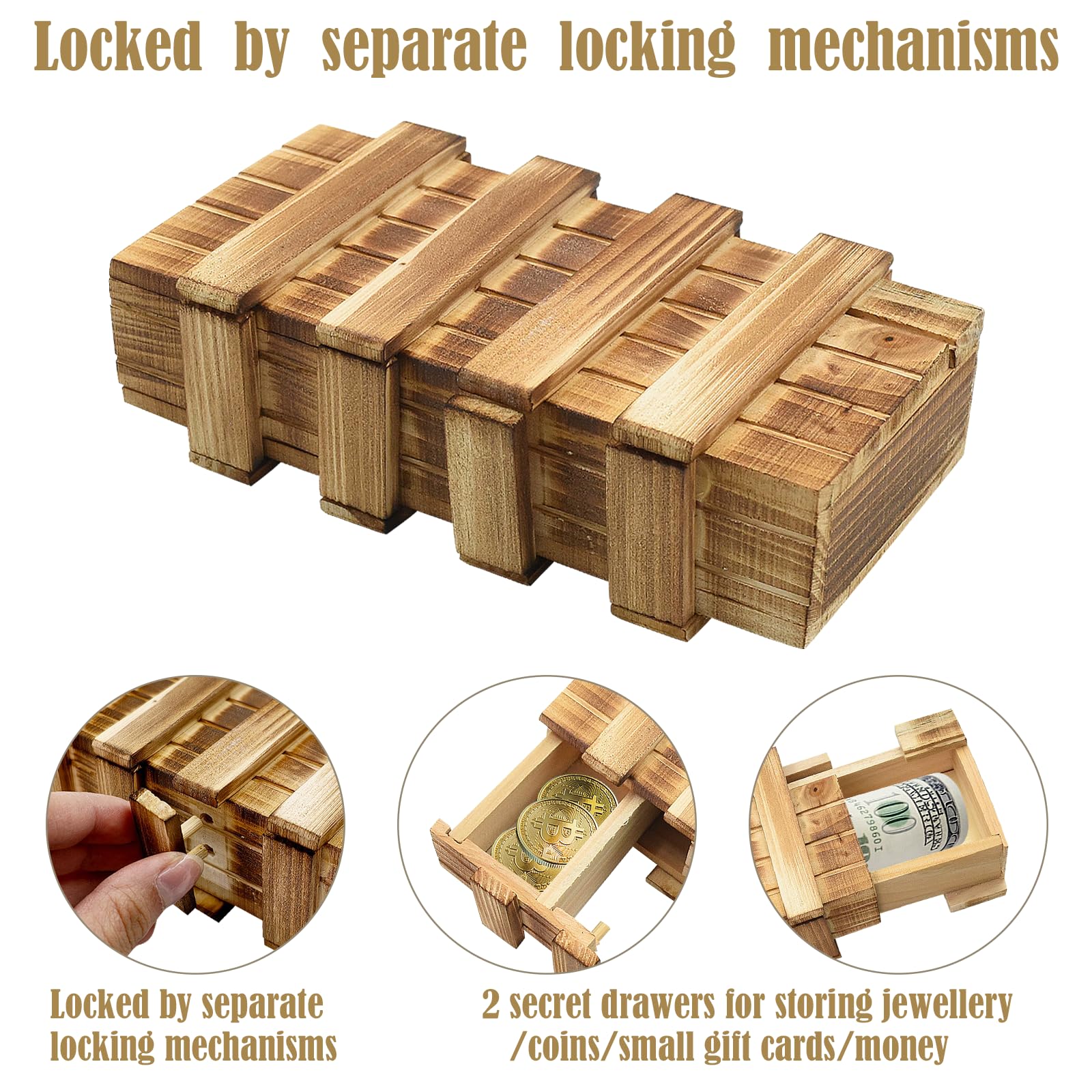 Confezione da 2 piccole scatole puzzle in legno con scomparti, compiti di pensiero per adulti, mini cassettiera per soldi, gioielli, giocattoli IQ per bambini, 15 cm x 8 cm x 5 cm