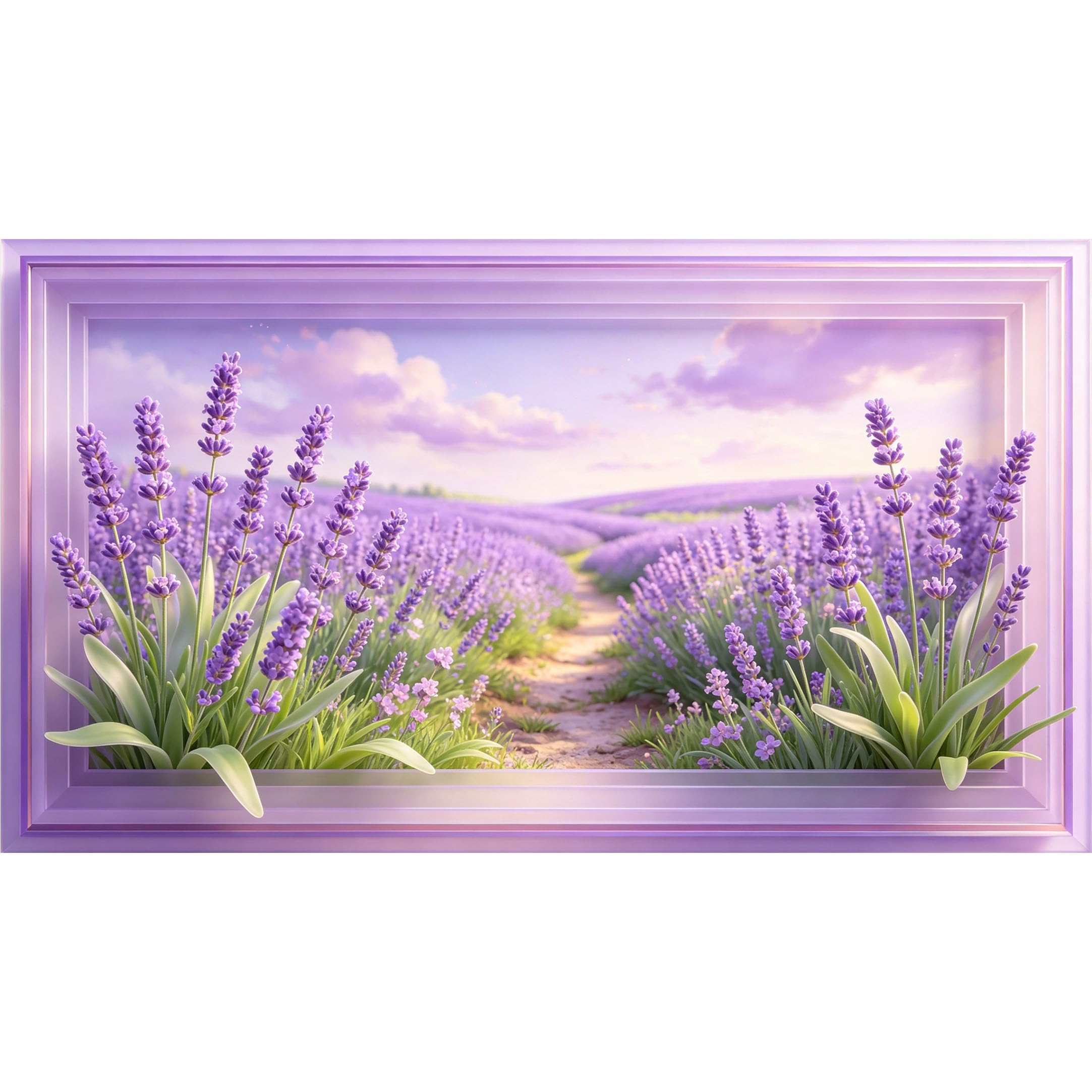 QZLITHOTIC 50x90cm3D Framed Wall Art， Lavender Field Botanical Landscape Self‑Adhesive Mural， Water‑Activated Peel & Stick Fabric Decor Wall Decal for Bedroom Living Room