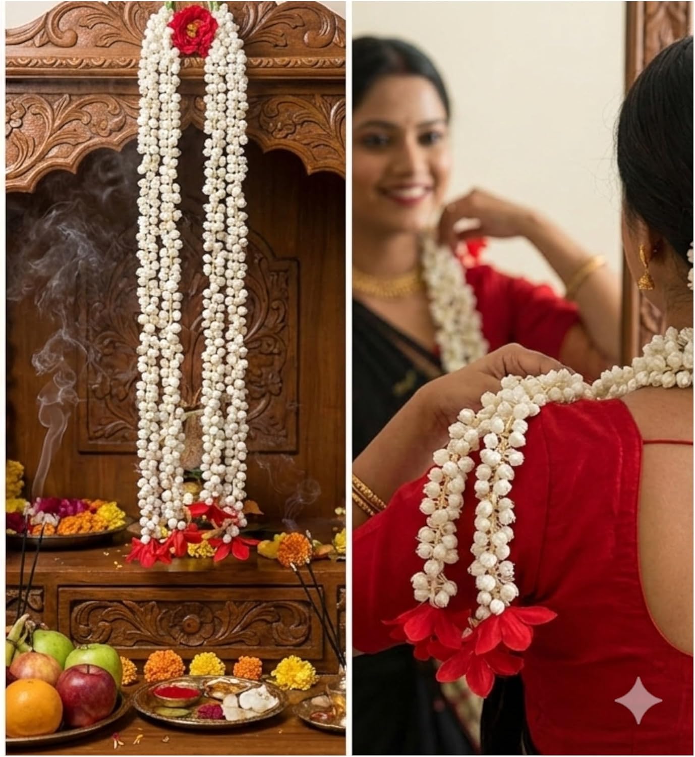 Festive Bloom Artificial Mogra Garland Strings – Pack of 10 (4ft Each) White & Red Lifelike Flowers for Wedding Decorations, Puja Ceremonies, Home Walls & Doorways
