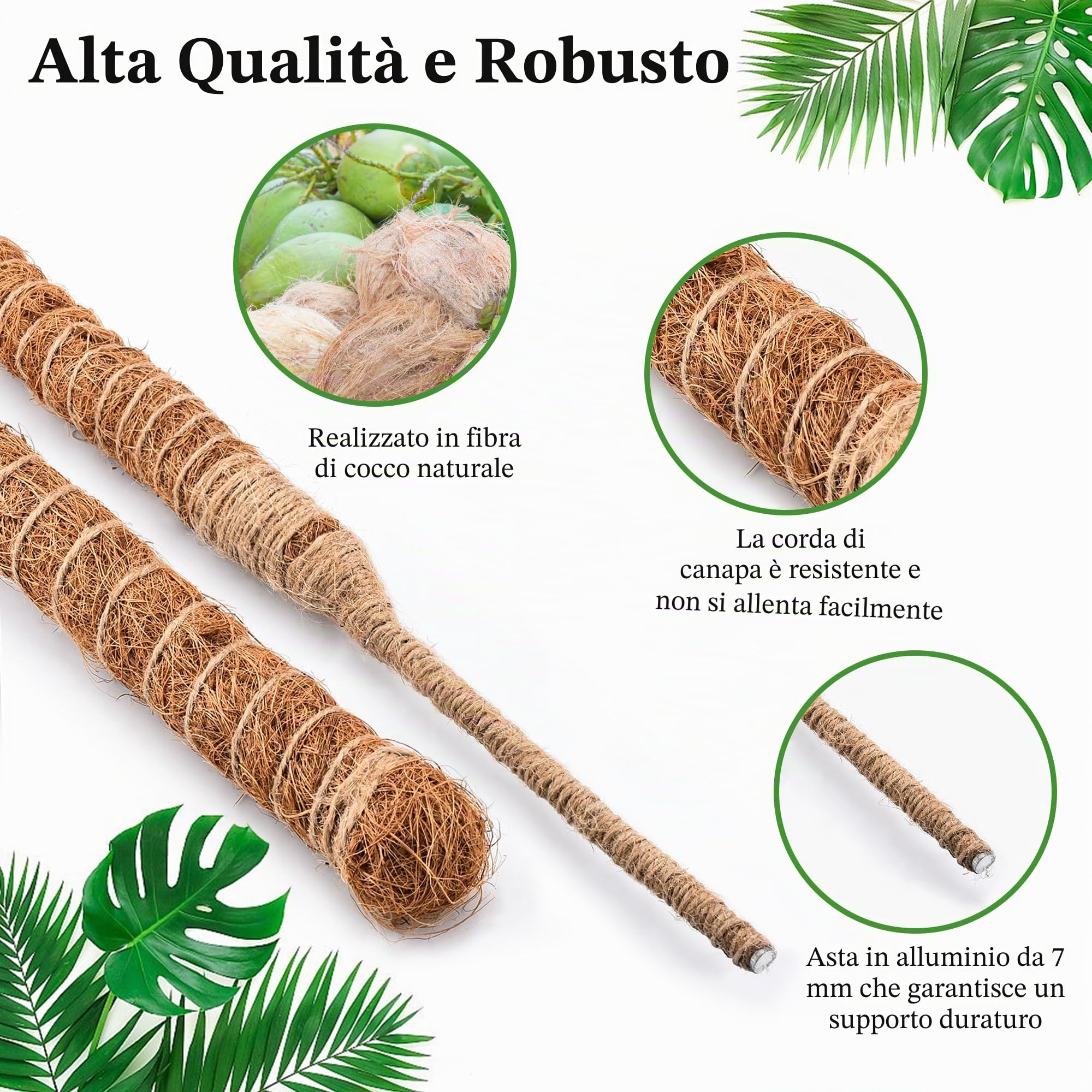 COZCLAM Palo di Muschio, 2Pezzi 160cm Tutore Piante, Palo in Fibra di Cocco per Piante Rampicanti, Pieghevoli Supporti per Piante, Supporto per Monstera per Piante Rampicanti che Crescono Verso l'alto