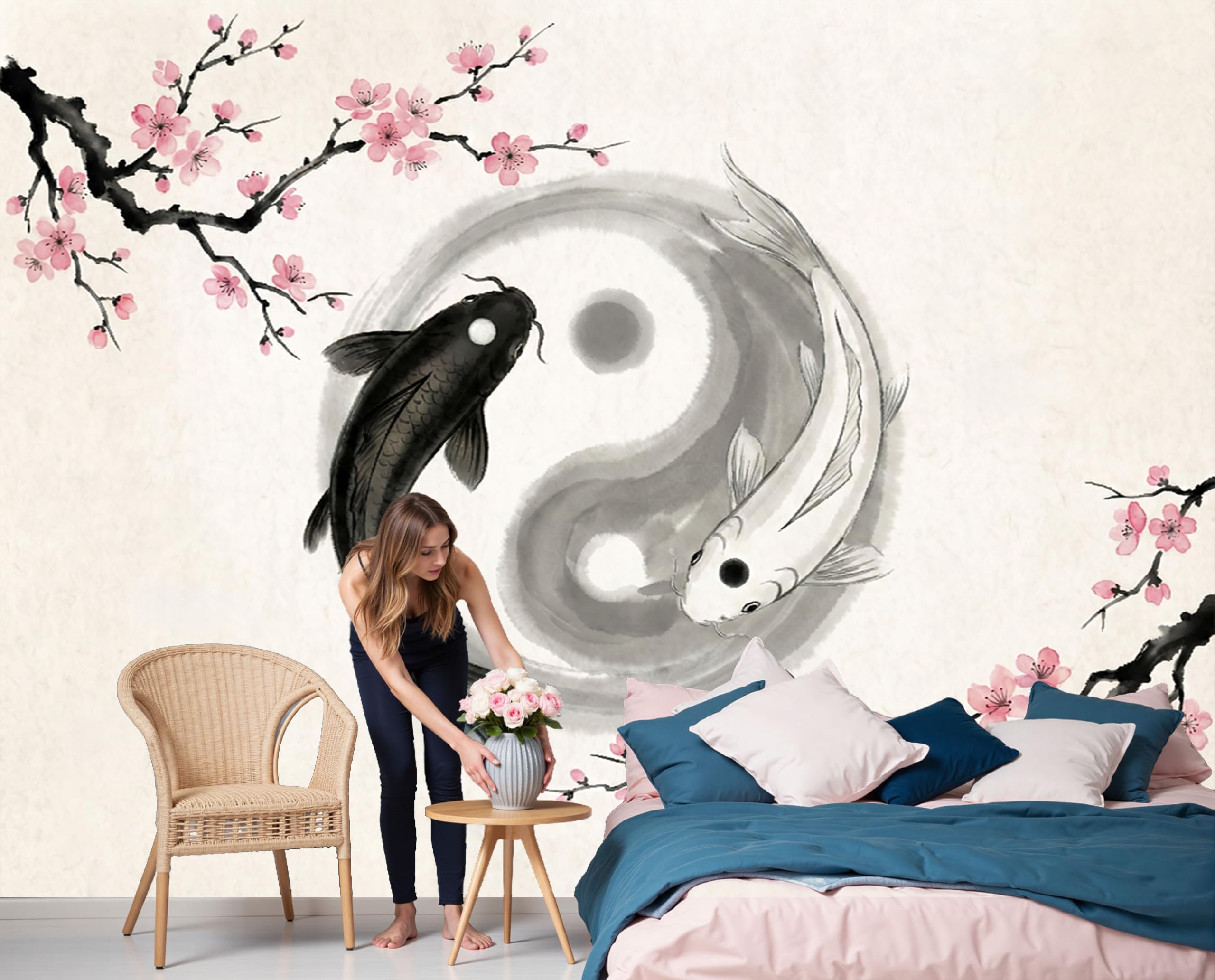 Fresque Murale Tapisserie Japonais Koi Yin-Yang Beige de Prestige 450X315Cm