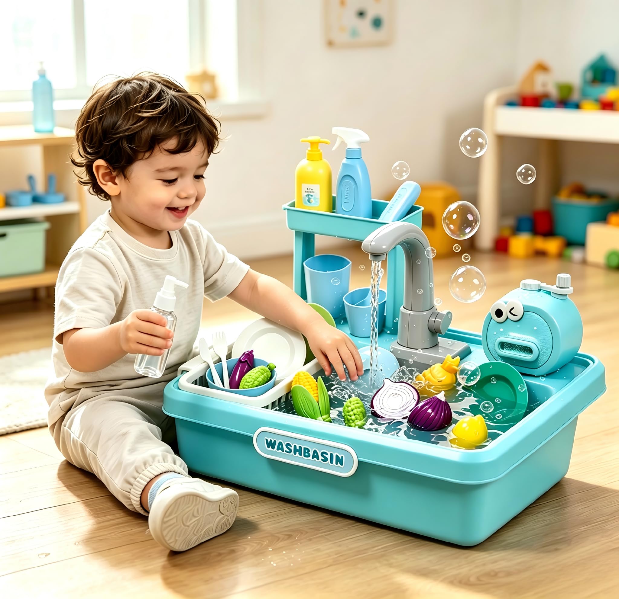 Lavello per bambini con circuito acqua, cucina esterna per bambini, macchina per bolle, verdure in plastica rimovibili, 25 pezzi per ragazzi e ragazze (blu)