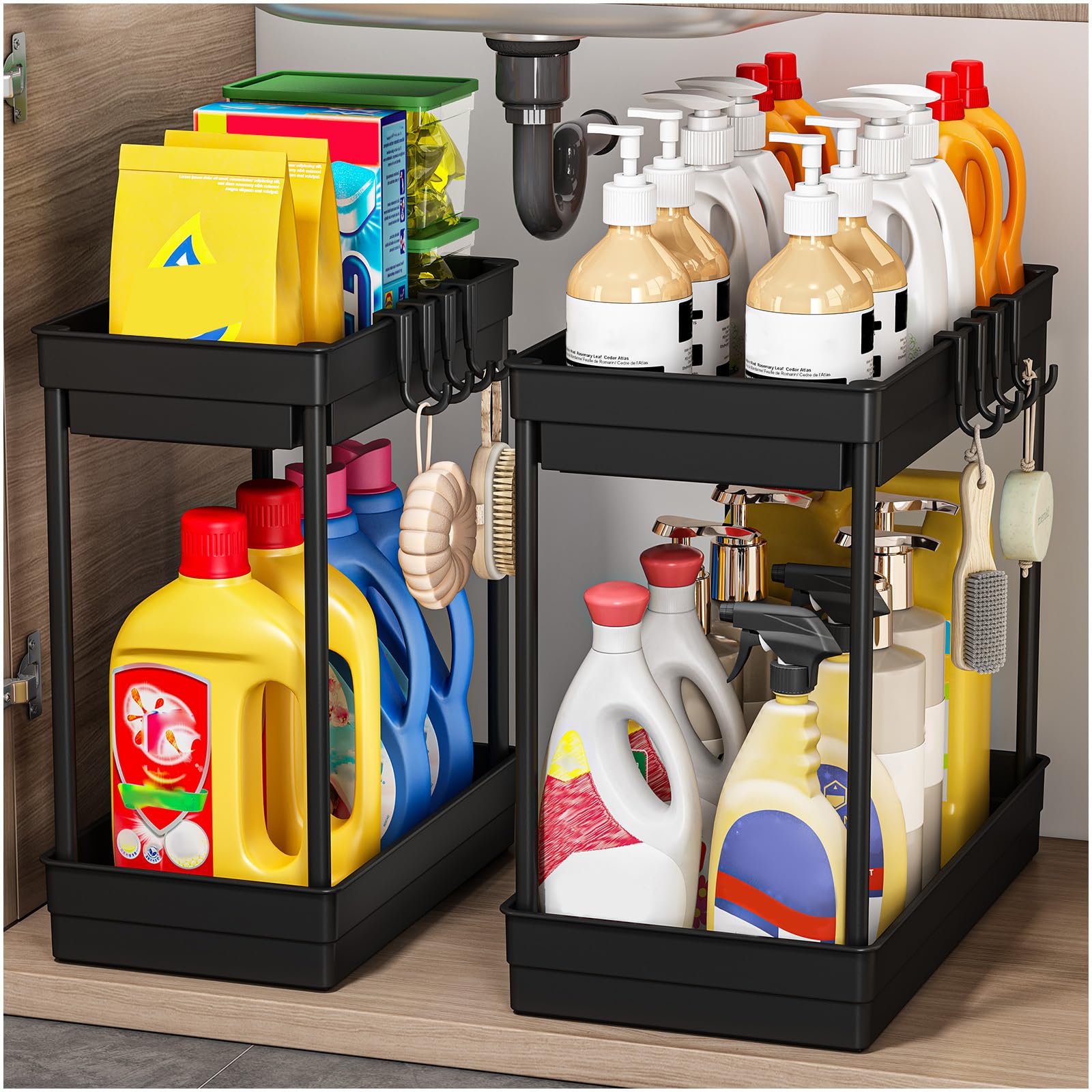 2 Pack Under Sink Storage - Kitchen Storage and Organisation, 2 Tier Kitchen Under Sink Shelf, Multi-Purpose Organisation for Bathroom,Black