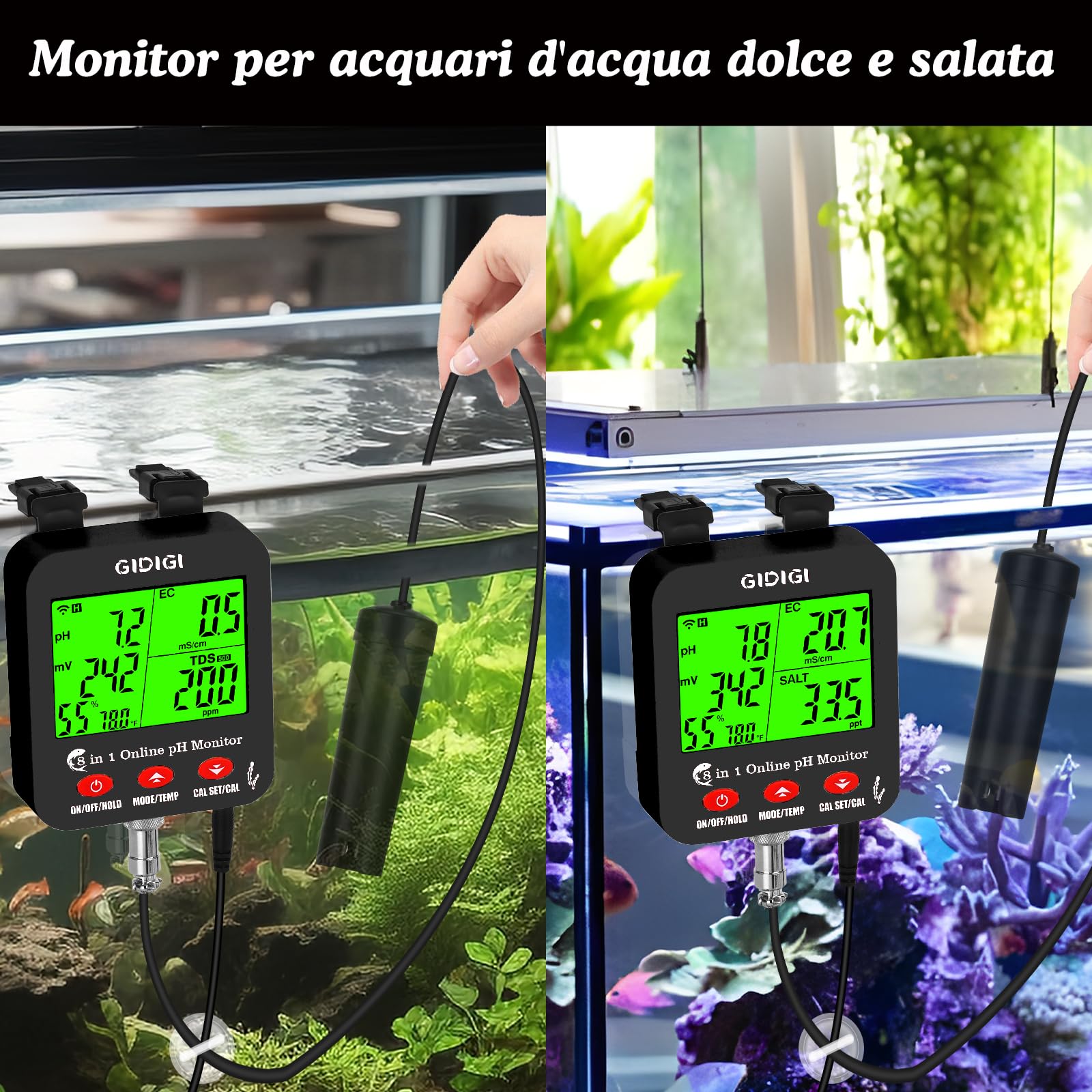 Misuratore di pH/EC/TDS/sale intelligente WiFi 8 in 1 con ORP, umidità e temp, monitor dei nutrienti per l'idroponica e tester salinità per acquario, vasca per pesci, soluzioni di calibrazione incluse