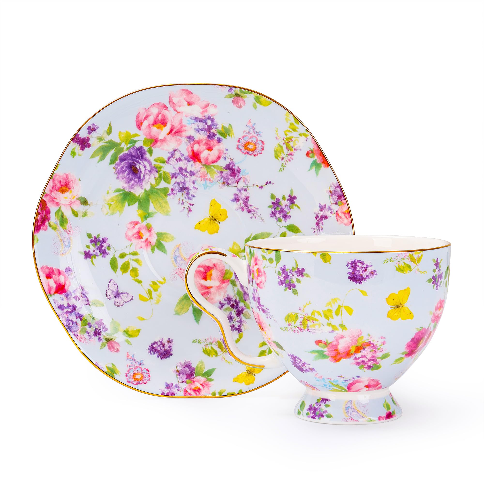 LJIMICAORO 7 Ounces Teacup and Saucers Set Floral Tea Cups Set Bone China TeaCups Coffee Tea Cup for Tea Party Women Mom