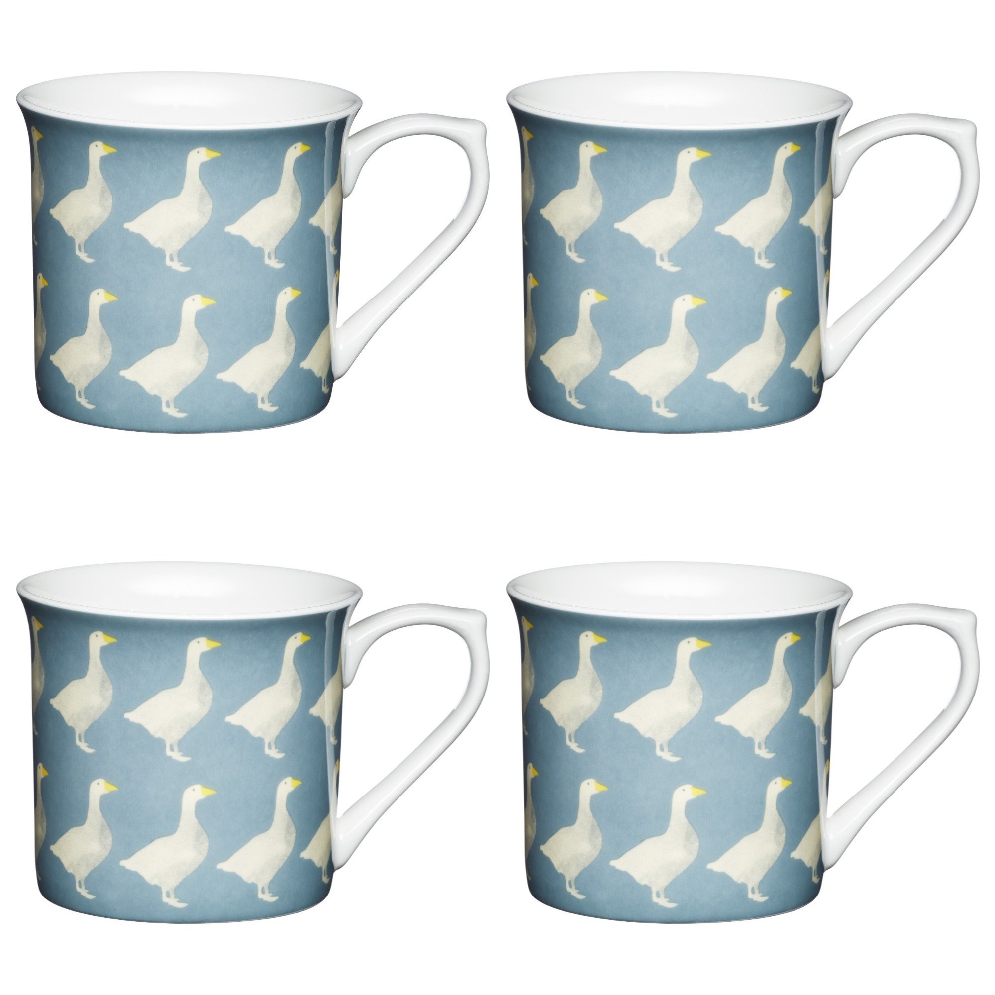 KitchenCraft Fine Bone China 'Geese' Fluted Patterned Bird Mugs, 300 ml - Blue-Grey (Set of 4)