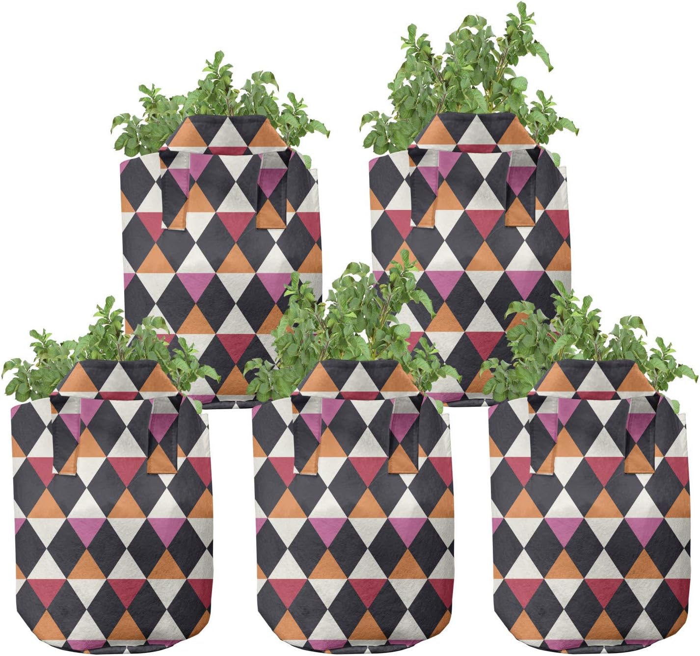 Ambesonne Geometric Grow Bags 5-Pack, Rhombus Vintage Shape, Heavyduty Fabric Pots with Handles for Plants, 7 Gallon, Multicolor
