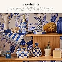 Vista 2 de MACKENZIE-CHILDS Azucarero con tapa esmaltada, tazón pequeño para servir con tapa, capacidad de 10 onzas, azul y blanco Royal Check