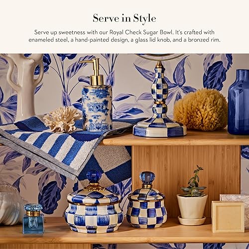 Miniatura 2 de MACKENZIE-CHILDS Azucarero con tapa esmaltada, tazón pequeño para servir con tapa, capacidad de 10 onzas, azul y blanco Royal Check