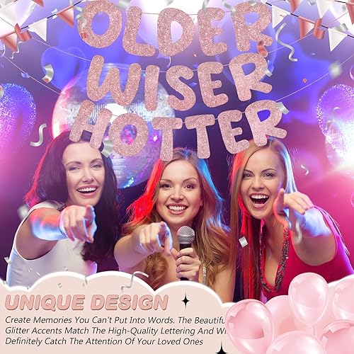 Miniatura 5 de Fulmoon Juego de 3 carteles de cumpleaños con purpurina para mujeres de 30, 40, 50, 60, 70, 80, cumpleaños, regalo (oro rosa)