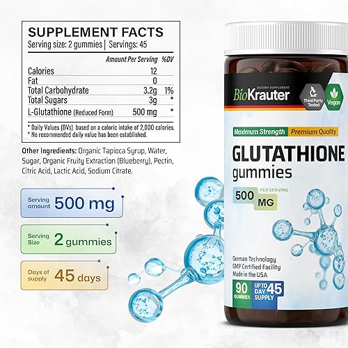 Miniatura 4 de BIO KRAUTER Gomitas de L-glutatión  500 mg  Suplemento orgánico de glutatión reducido para desintoxicación hepática, inmune y apoyo de la piel