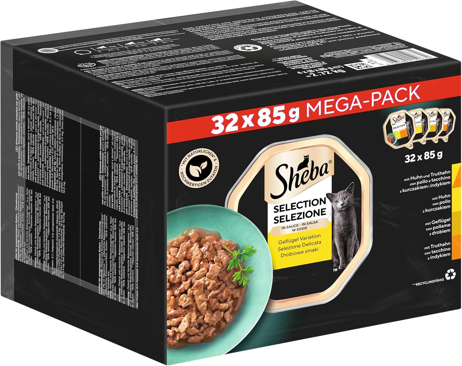 SHEBA Adult Wet Cat Food – 32 x 85 g Bowls – Poultry Variation in Sauce – Wet Food for Cats – 1 Bulk Pack