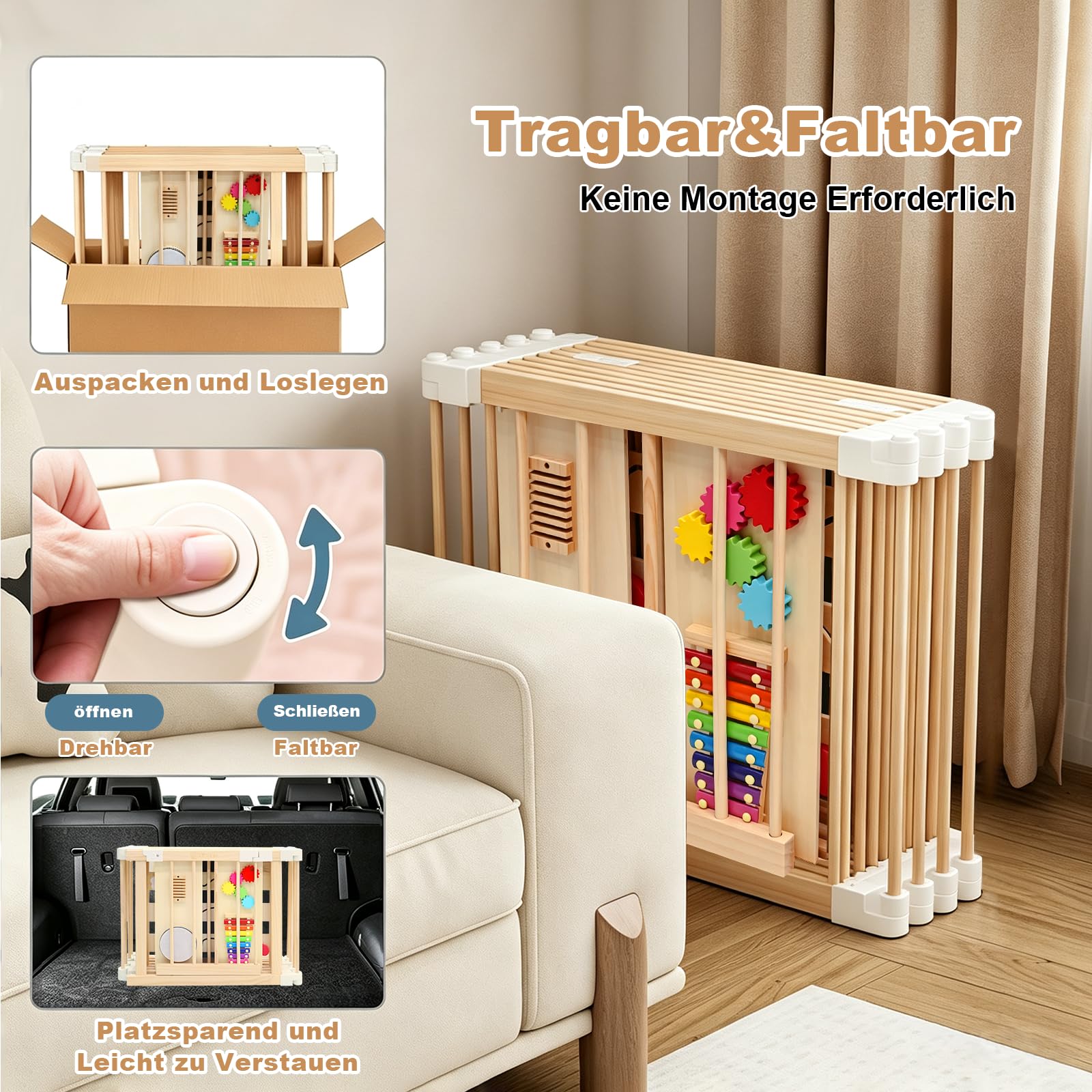 Laufstall Baby Faltbar mit Matratze&Spielplatte | 8 Stück, 150x150x60CM, Verstellbare Größe&Form, Indoor Spielplatz mit Montessori Spielplatte&Bälle, Babys Kleinkinder, Natur