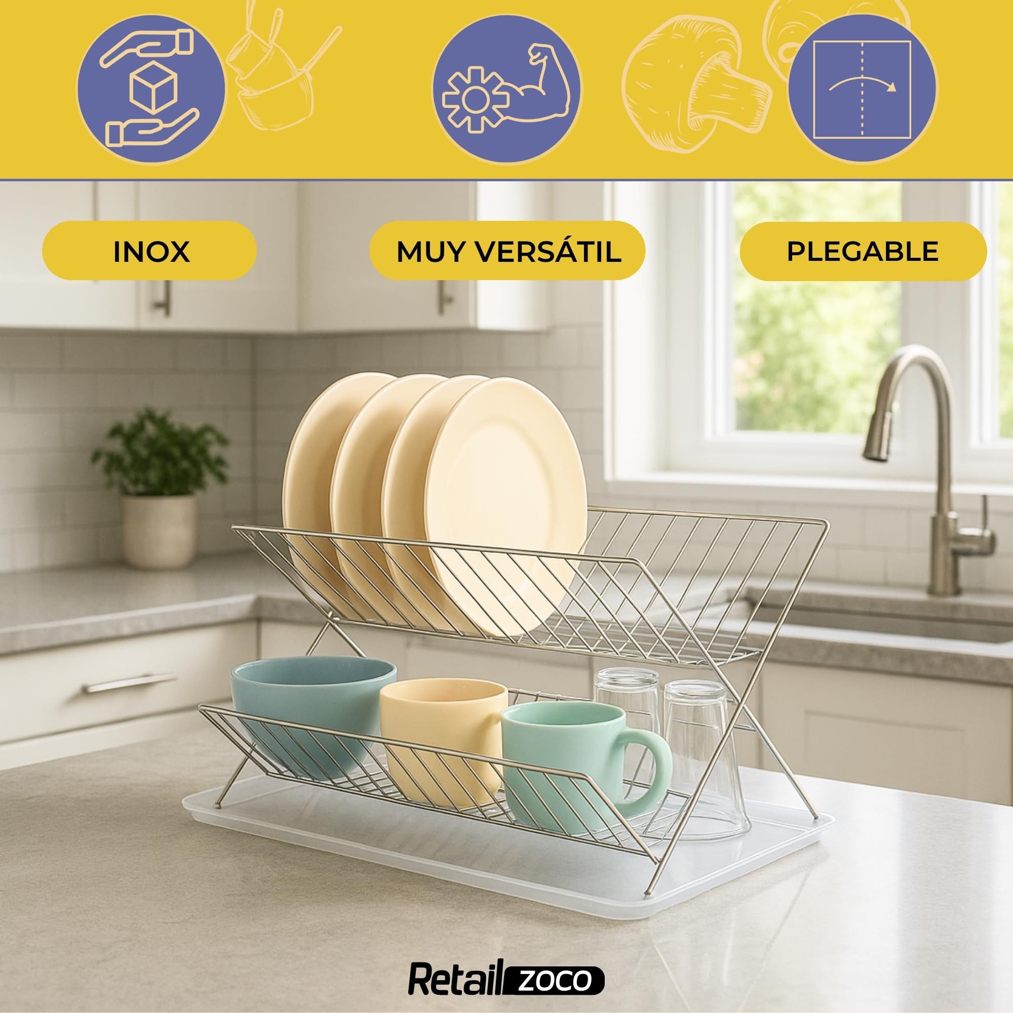 CHEFZOCO Escurreplato Plegable Acero Inoxidable y plástico, Escurridor de Platos, Escurridor Fregadero 2 módulos, Bandeja Anti-Goteo, Organizador de vajilla, 42 cm Largo x 37 cm Fondo x 25 cm Altura