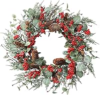 Vista 10 de YNYLCHMX Corona de Navidad de 20 pulgadas para puerta delantera, corona de invierno con letrero de bienvenida, hojas de eucalipto, bayas rojas
