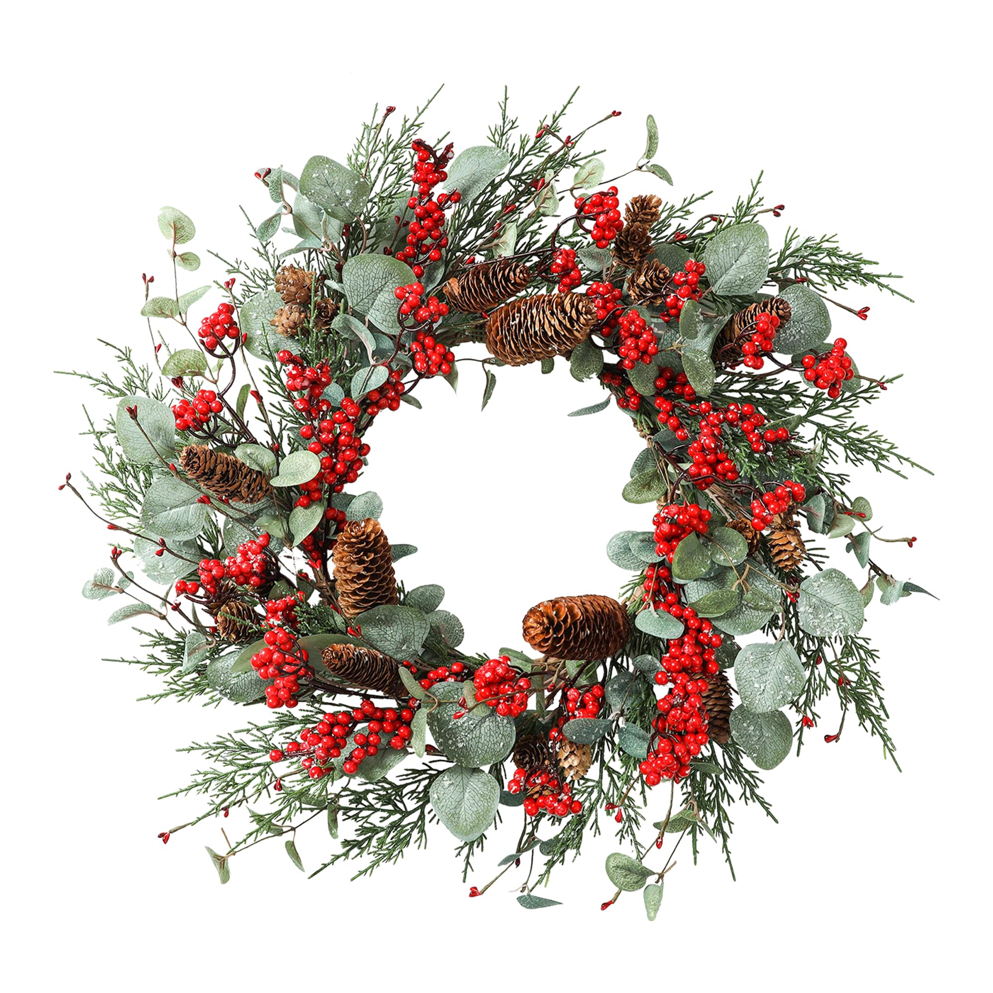 YNYLCHMX 22 Inch Winter Wreath for Front Door, Winter Wreath with Eucalyptus Leaves Red Berry Pine Cones Pine Needle, Artificial Door Wreaths for Indoor Farmhouse Holiday Decoration
