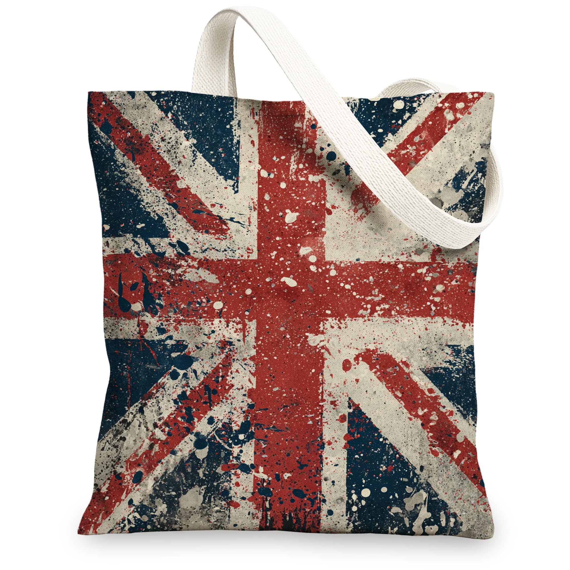 Union Jack Canvas Tote Bags, Artistic British Flag Pattern Reusable Grocery Bags, Lightweight Washable Shoulder Strap for G