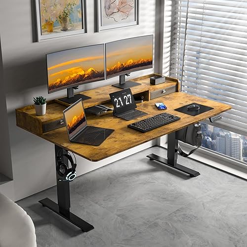 Miniatura 2 de Escritorio eléctrico de pie de 63 x 30 pulgadas con 2 cajones, escritorio de pie ampliado de altura ajustable con almacenamiento, estación de