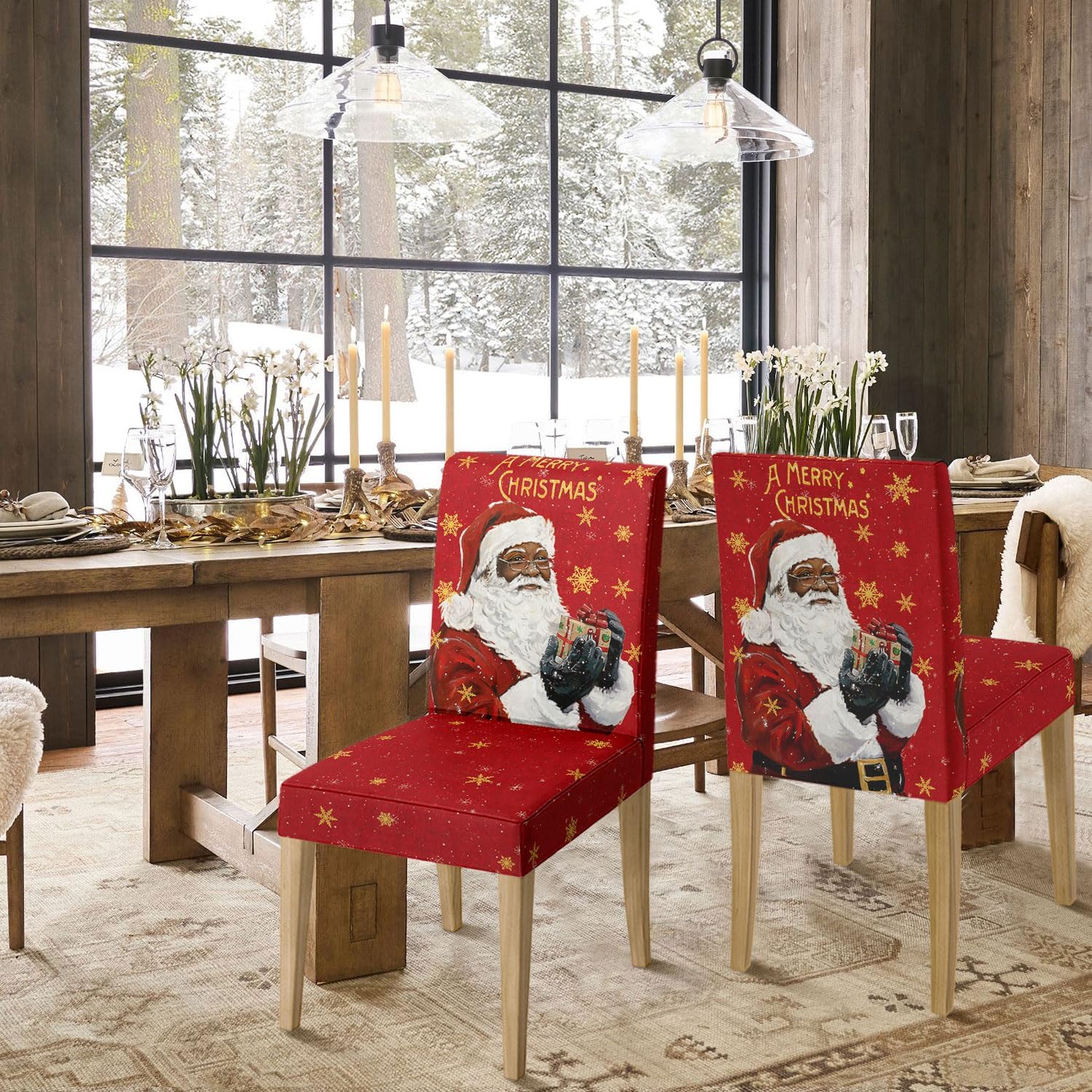 Horaldaily 6PCS Christmas Dining Chair Covers,Black Santa Stretch Removable Washable Slipcover Chair Protector for Dining Room Home Decor