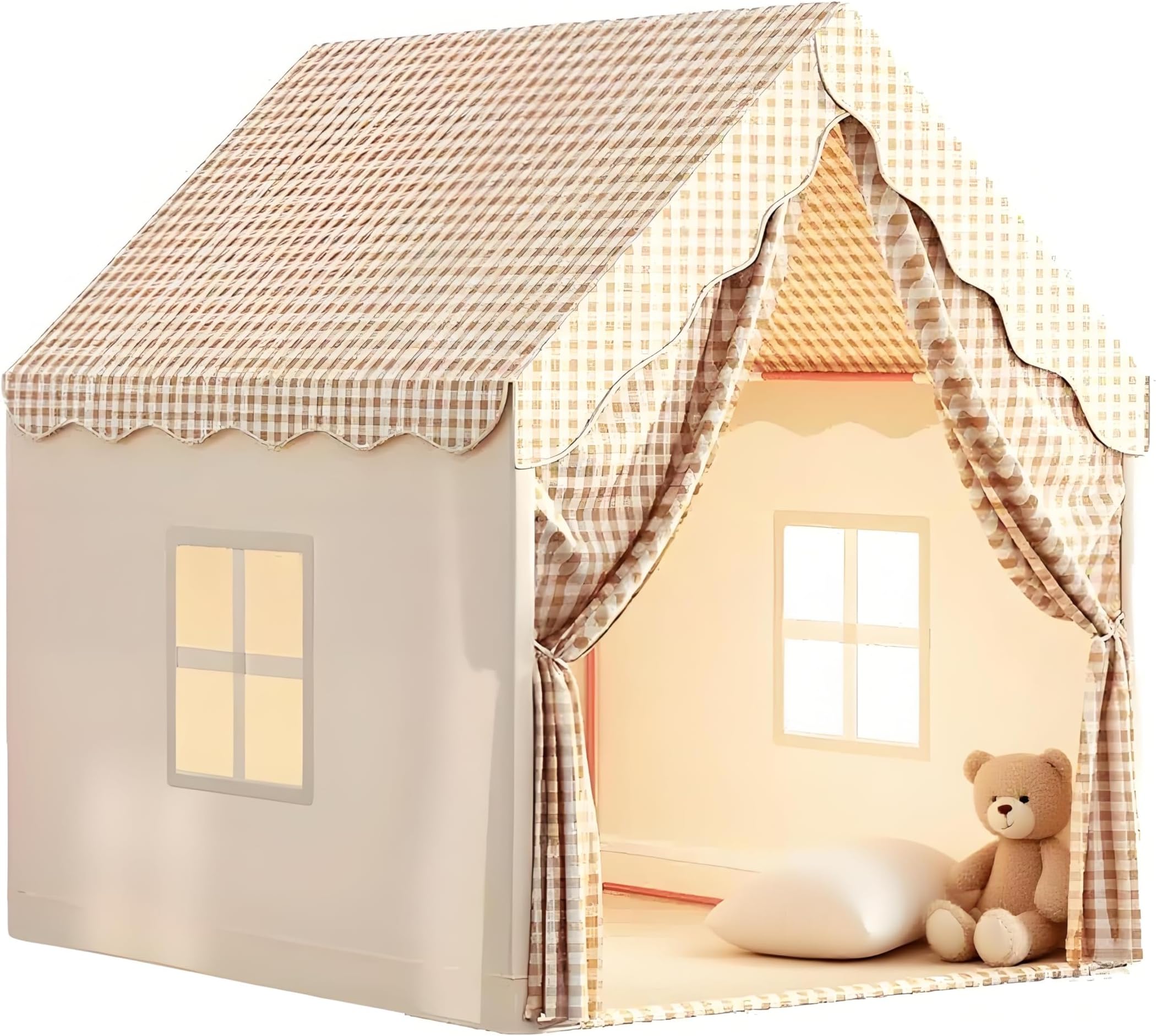 Kids Tent Playhouse with Star Lights and Tote Bags, Kids Play Tent Indoor & Outdoor, Washable Teepee Tent for Boys & Girls,Toy House for Toddler, Neutral Color Play Room Furniture (Beige-2)