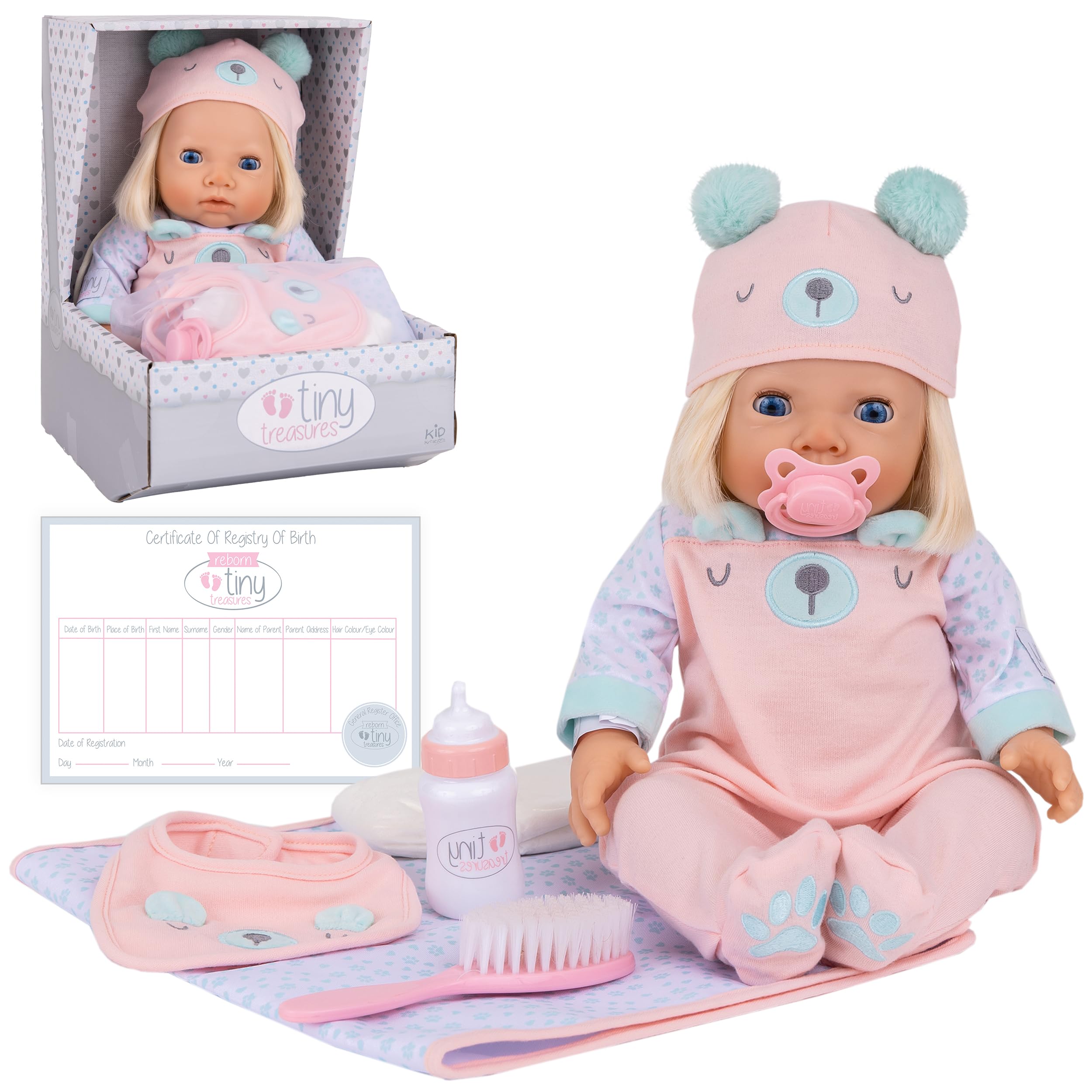 Tiny Treasures Bear Baby Doll Care Set with 44cm Reborn Baby Doll