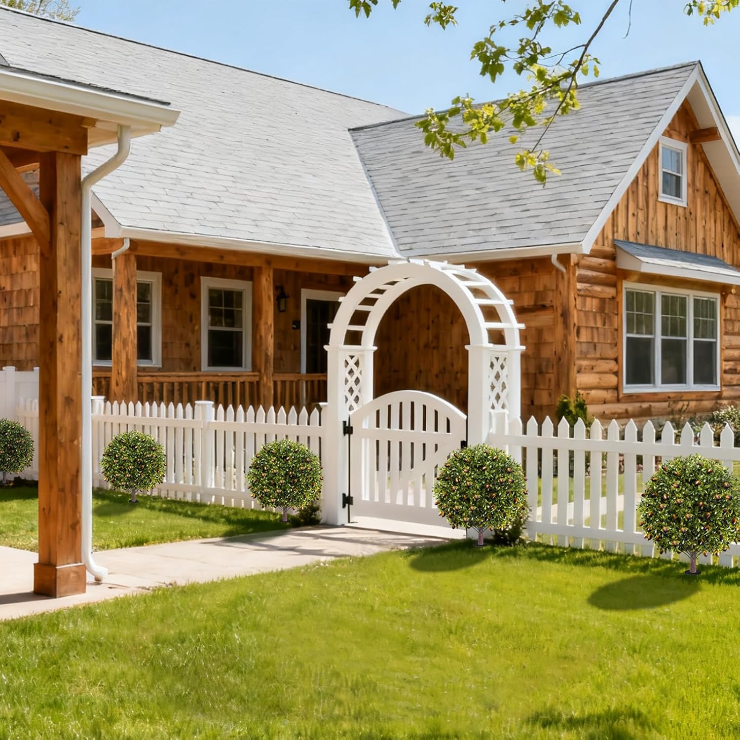 27.5" Artificial Olive Boxwood Topiary Ball Tree, Set of 2 Fake Bushes Shrubs with Ground Spike, UV Resistant Faux Evergreen Boxwood Plants for Outdoor Indoor Planters Front Porch Garden Decor - Image 2