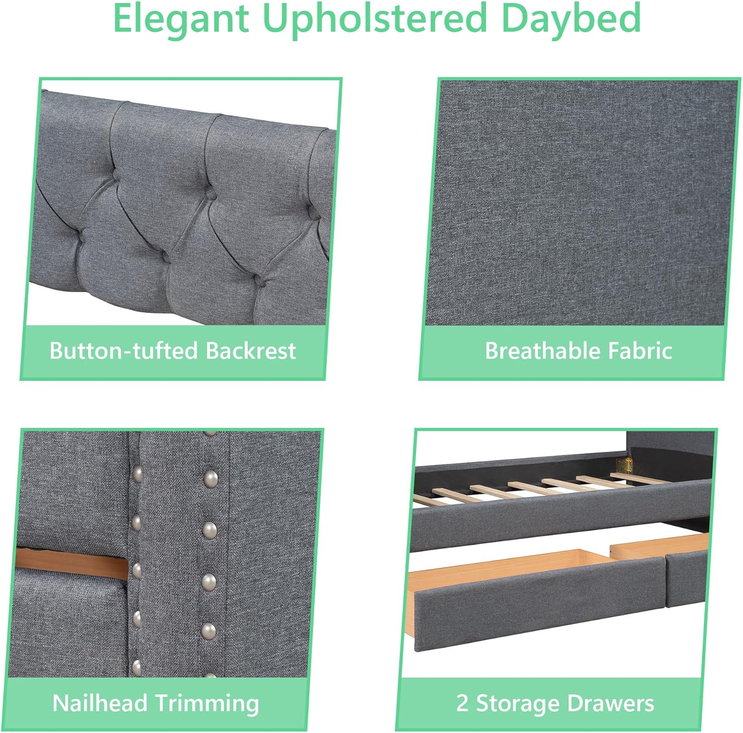 Flieks Linen Upholstered Twin Size Daybed with Two Drawers,Twin Size Sofa Bed Daybed with Button Tufted Backrest,Nailhead Trim and Wood Slat Support,Gray