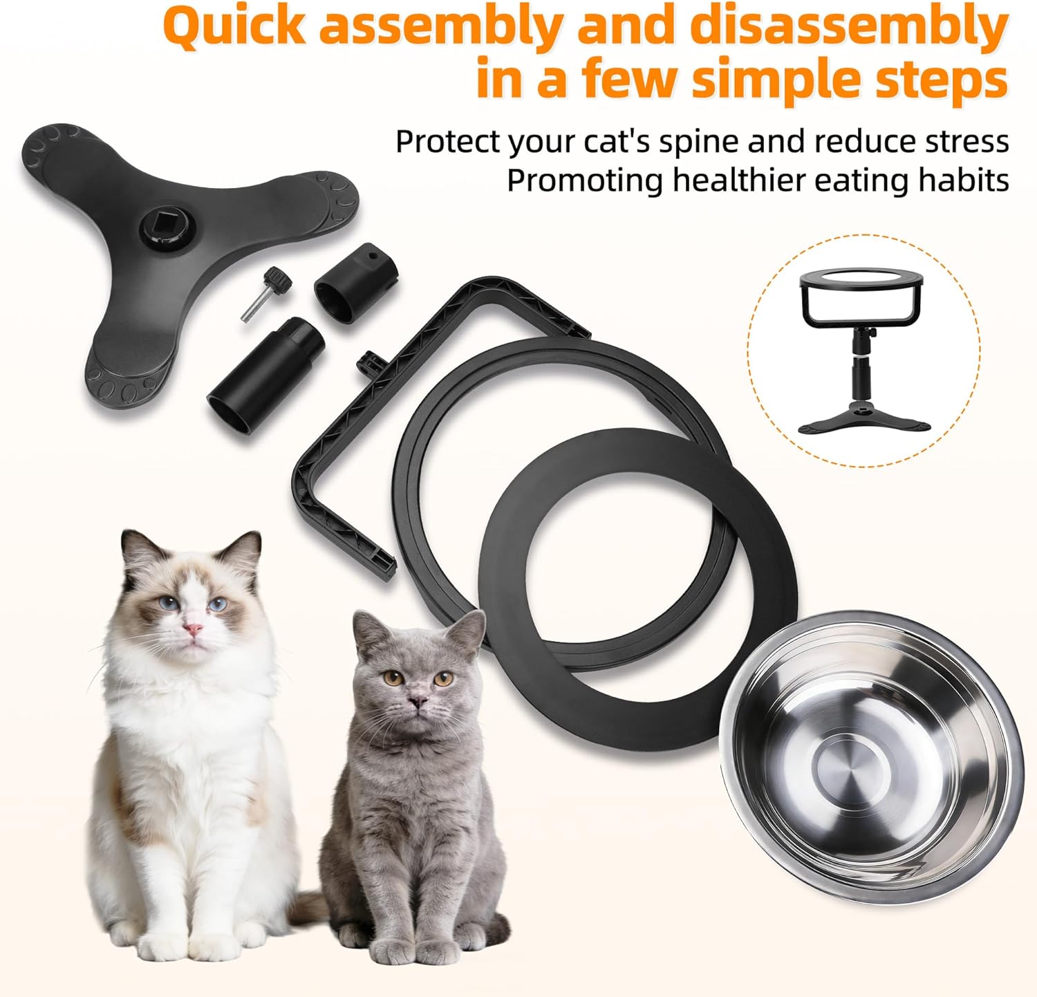 Raised Cat Bowls,Elevated Cat Bowls for Indoor Cats with Height-Adjustable Stand,Non-Slip Stainless Steel Cat Bowls,15° Tilted Cat Food Bowls (2 Pack)