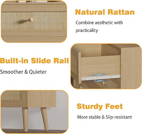 Miniatura 5 de Cómoda para Dormitorio con 6 Cajones, Cómoda Natural de Ratán, Cómoda Doble de Madera Ancha, Mueble de Almacenamiento de TV de Madera, Organizador