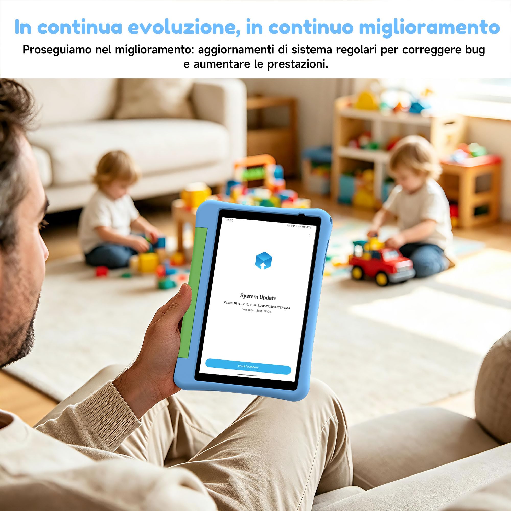 ALLDOCUBE Kido Tablet Per Bambini 8 Pollici, Android 15 Go, 32GB ROM, Blu | Controllo Parentale, iWaWa preinstallato, 512GB TF, Unisoc T310, 5000mAh, 2 Altoparlanti, Jack 3,5mm, Cover Anticaduta