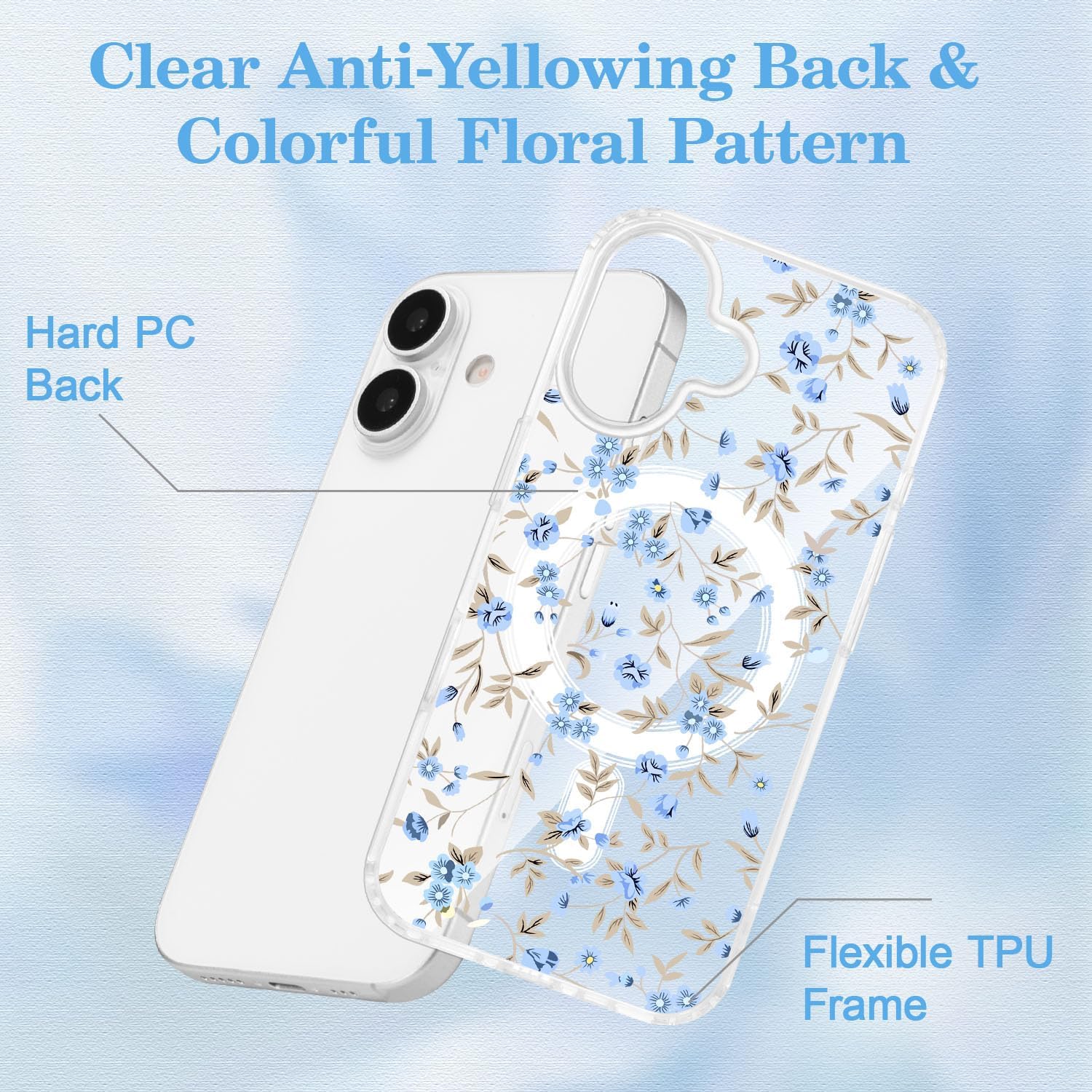 QLTYPRI Magnetic for iPhone 17 Case Compatible with Magsafe, Cute Floral Flower Aesthetic Phone Case Slim Clear Anti-Yellowing Shockproof Phone Cover for Girls Women - Blue - Image 5