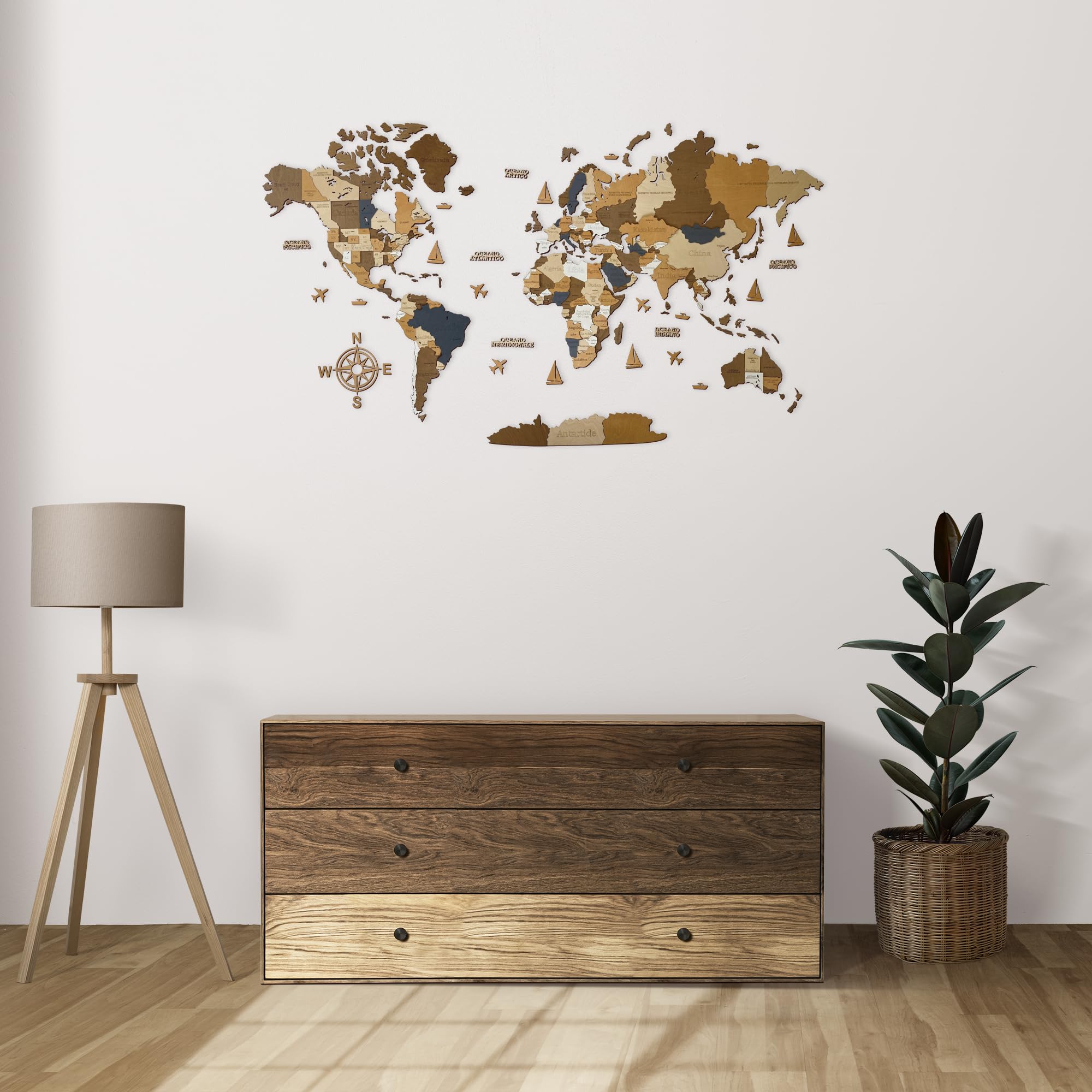 WoodLeo Mappamondo in legno (in italiano) - Decorazione murale in 3D - Dimensioni della mappa (M, L, XL) Idea regalo per ogni occasione - Arte da parete per la casa