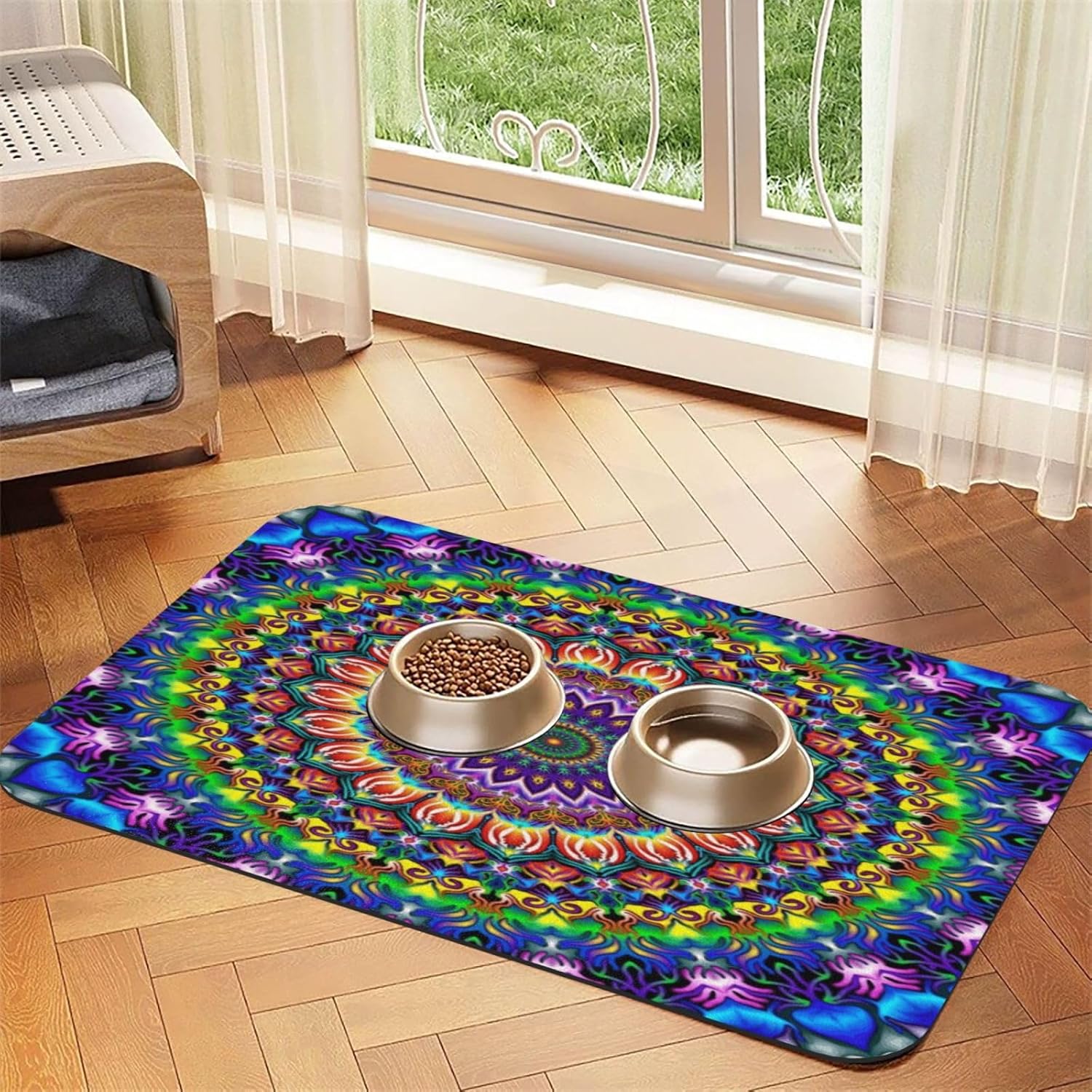 Mandala Flowers Pet Feeding Mat-Absorbent Quick Dry Pet Cat Dog Food Mat Non Slip Waterproof Rubber Dish Placemat