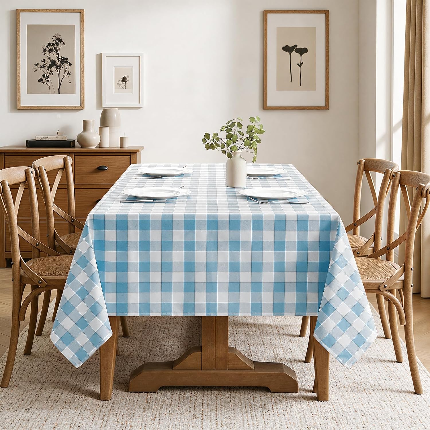 Checkered Tablecloth Rectangle Waterproof Gingham Table Cloth Washable Buffalo Plaid Table Cover Wrinkle Free for Kitchen, Dining and Outdoor Picnic, 52 x 70 Inch, Light Blue and White