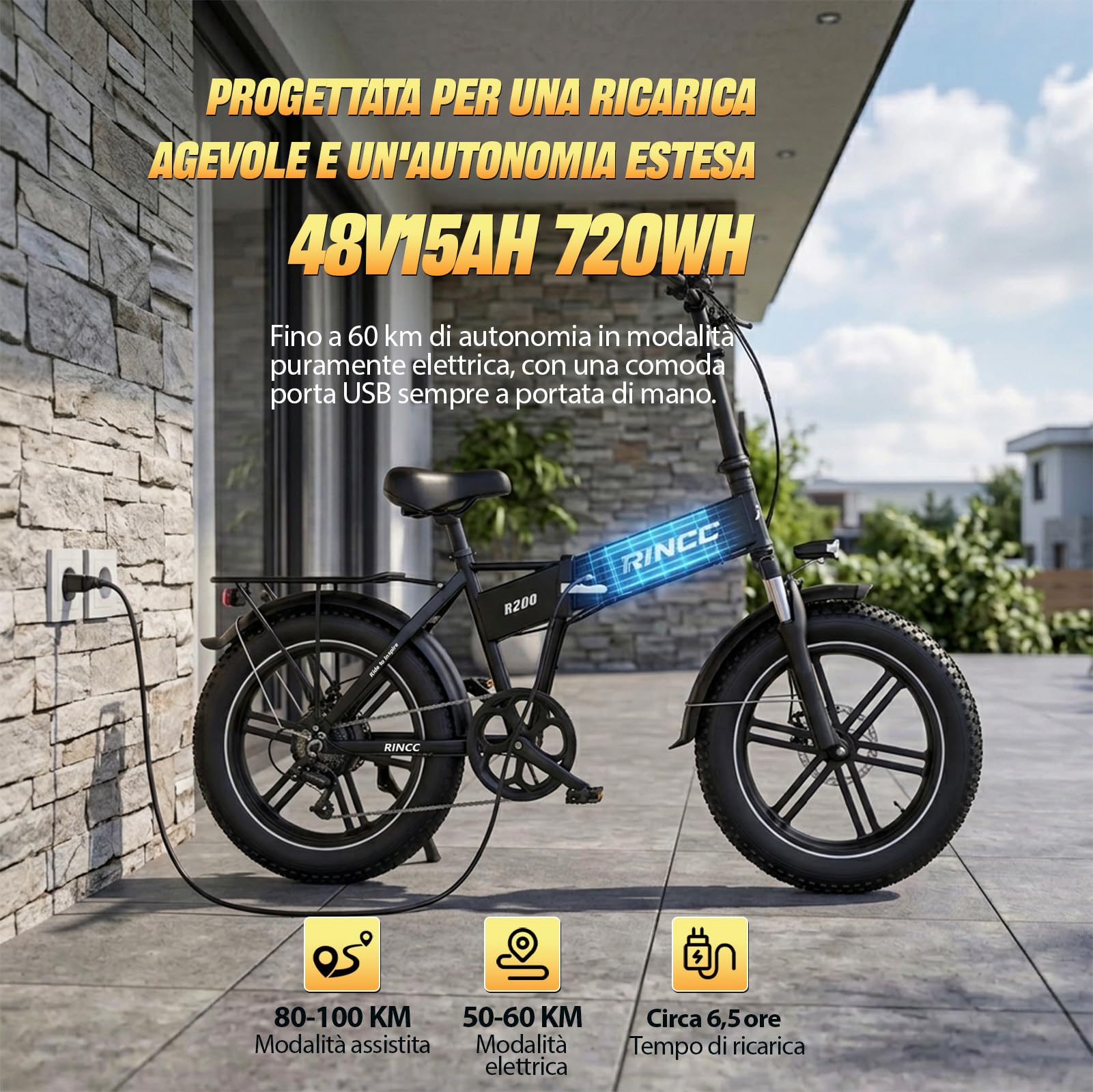 RINCC Bici Elettrica Pieghevole, Ebike da 720Wh 15Ah Batteria | Motore Brushless | Autonomia di 80-100 Km | 20"×4.0" Fat Tire | 7 Velocità | Ruota monoblocco in lega di magnesio R200 (Bianco)