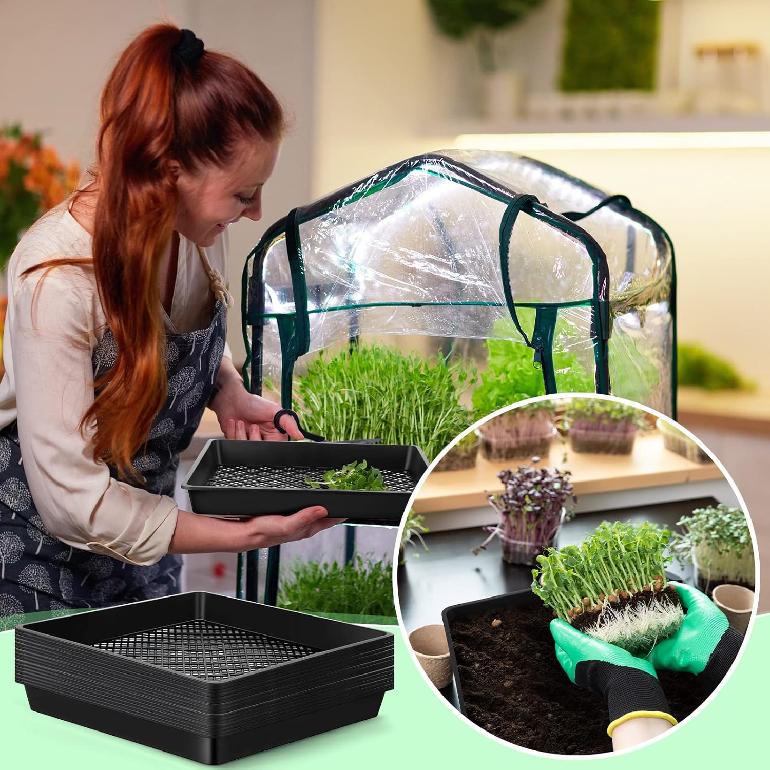 Macarrie 20 Pack Garden Growing Trays with Drain Holes Recyclable Plastic Plant Trays Nursery Flats Seedling Starter Trays Heavy Duty Microgreens Growing Trays, 16 x 16 Inch