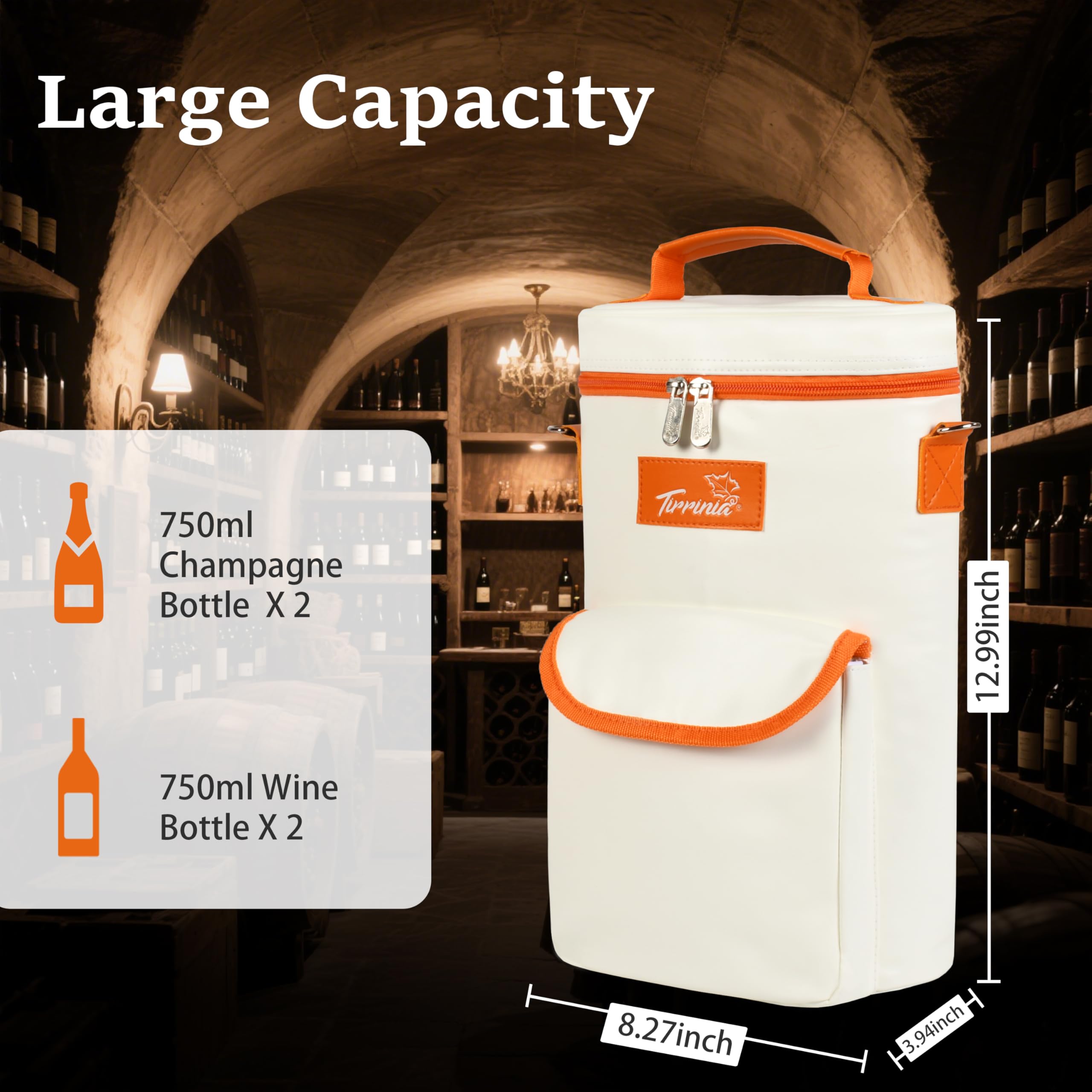 Tirrinia 2 Bottle Wine Gift Tote Carrier - Leakproof & Insulated Padded Versatile Wine Cooler Bag for Travel, BYOB Restaurant, Wine Tasting, Party, Dinner,Gift for Wine Lovers, Beige: White Orange 2 Bottle-with front pocket