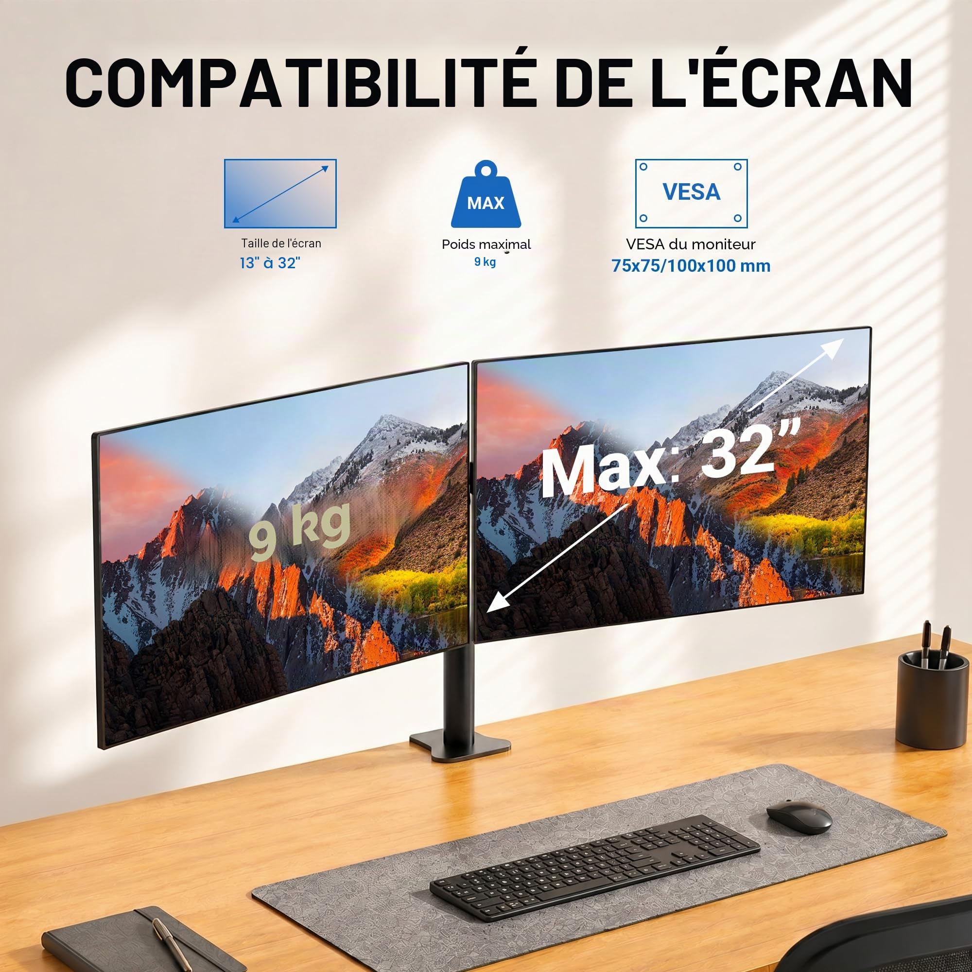 Bras Ecran PC VESA 75x100 360° Rotation ±90° Inclinable Hauteur Réglable 9KG Noir GRIFEMA GB2001-2