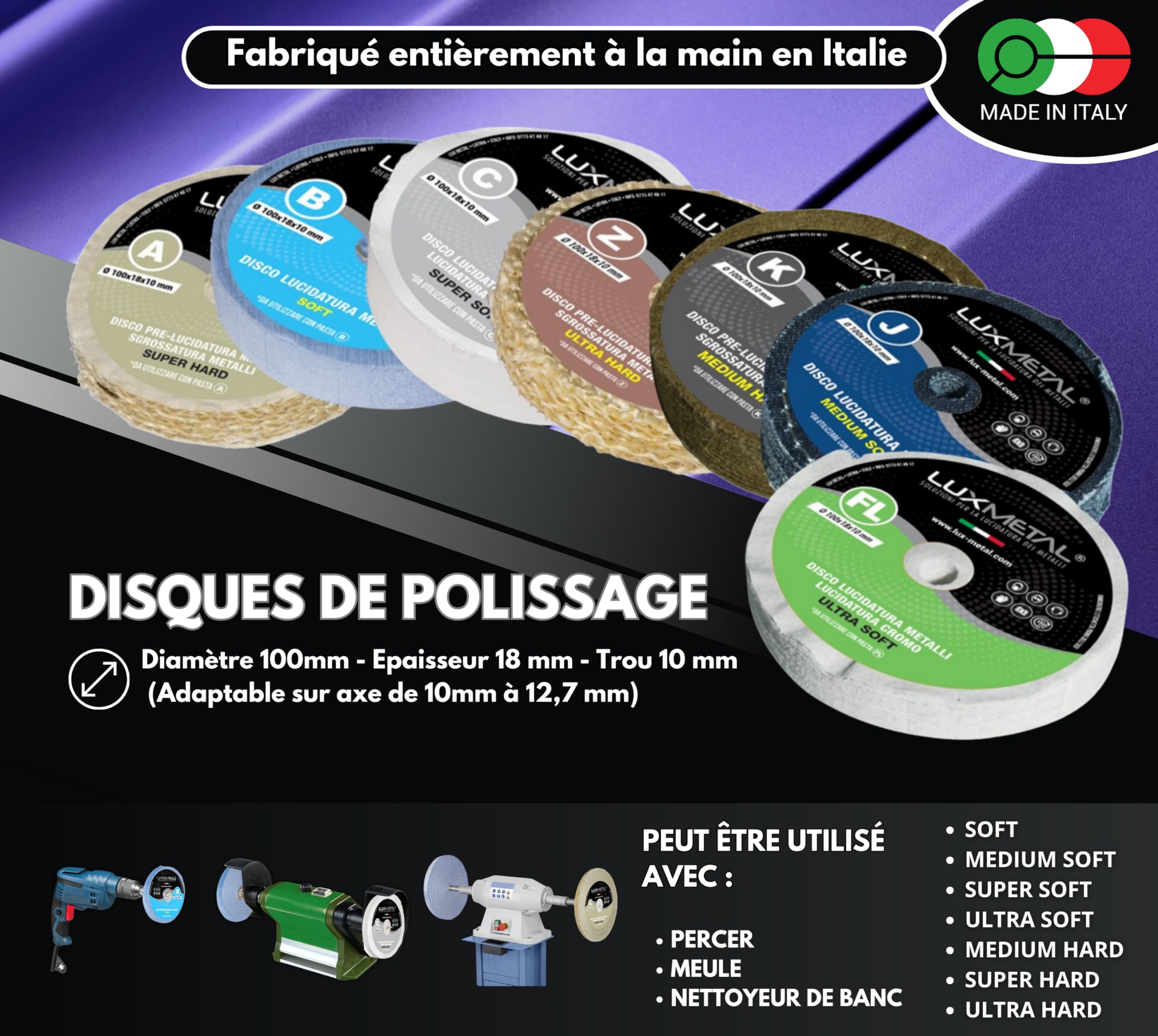 Kit 7 Disques de Polissage de 100 mm et 7 Pâtes Abrasives de 250 gr - Pour Aluminium, Fer, Acier Inoxydable, Bronze, Marbre - Polissage Métallique Efficace