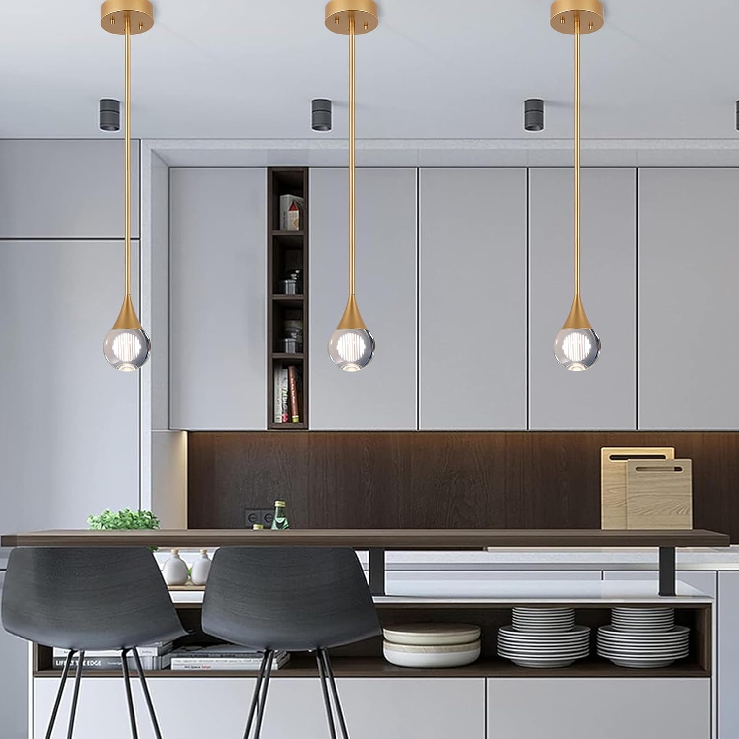 1-Pendant Lights Kitchen Island, Brass Gold Globe Crystal Ceiling Hanging Light Fxitures, LED Light Fixtures Metal Rod Ceiling Glass Pendant Lighting for Kitchen Island Dining Room Bar
