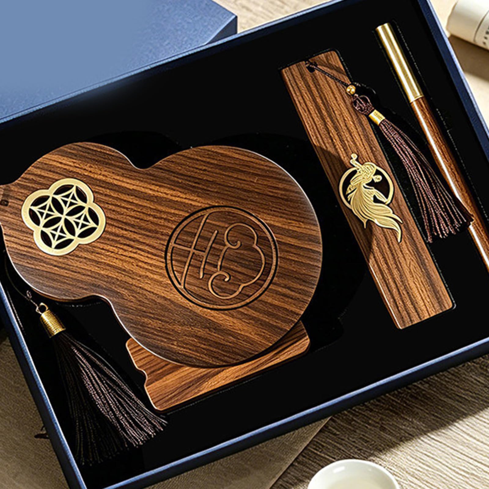 Set portapenne da scrivania in legno con segnalibro e penna, A | Organizer ispirazione cinese con aspetto legno per scrivanie da studio e da lavoro