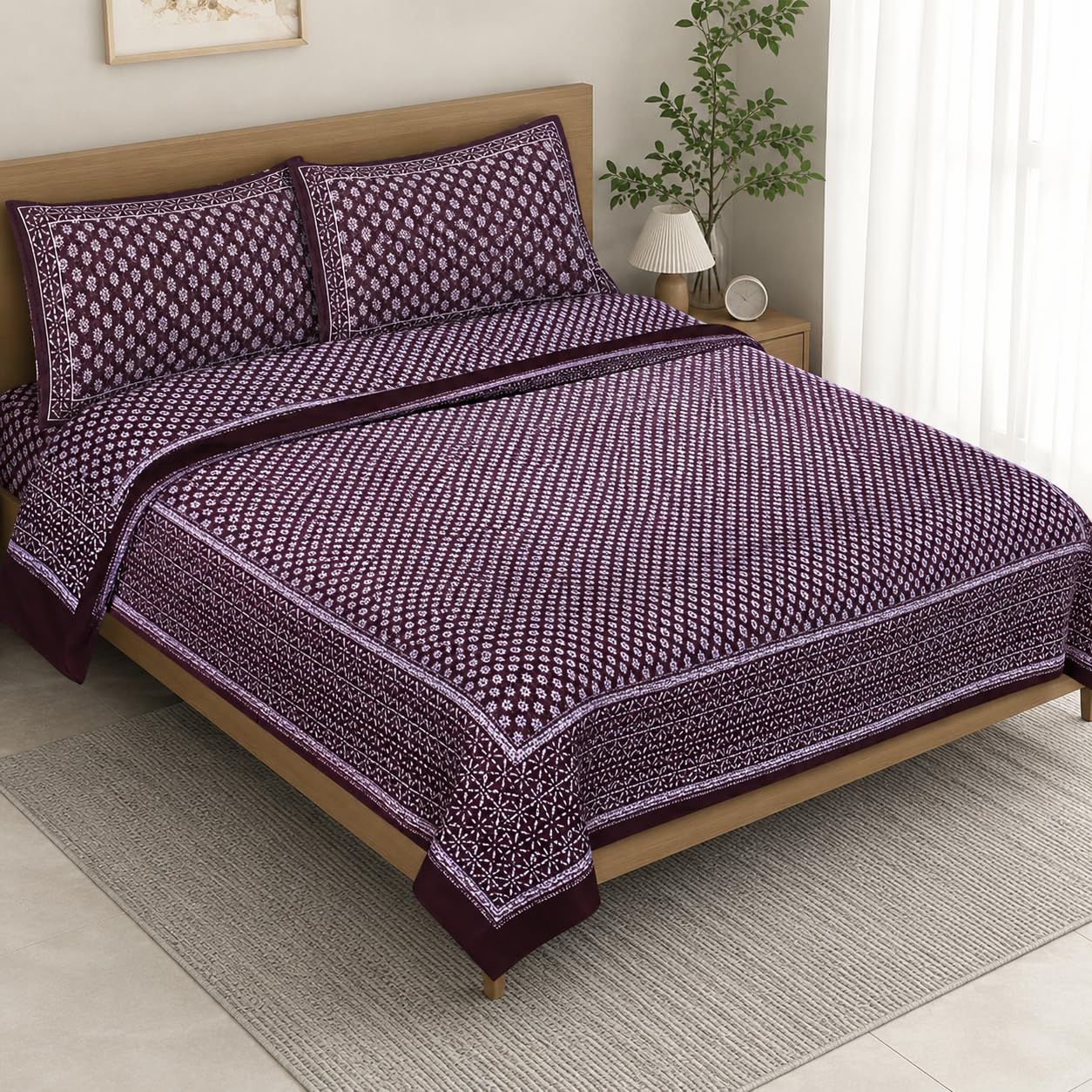 KIVO Pure Jaipuri Cotton Double Bed King Size Bedsheet with 2 Pillow Covers (108 x 108 Inches, Maroon) | Traditional Floral Geometric Block Print, 240 TC Soft & Breathable Bedspread-image-32