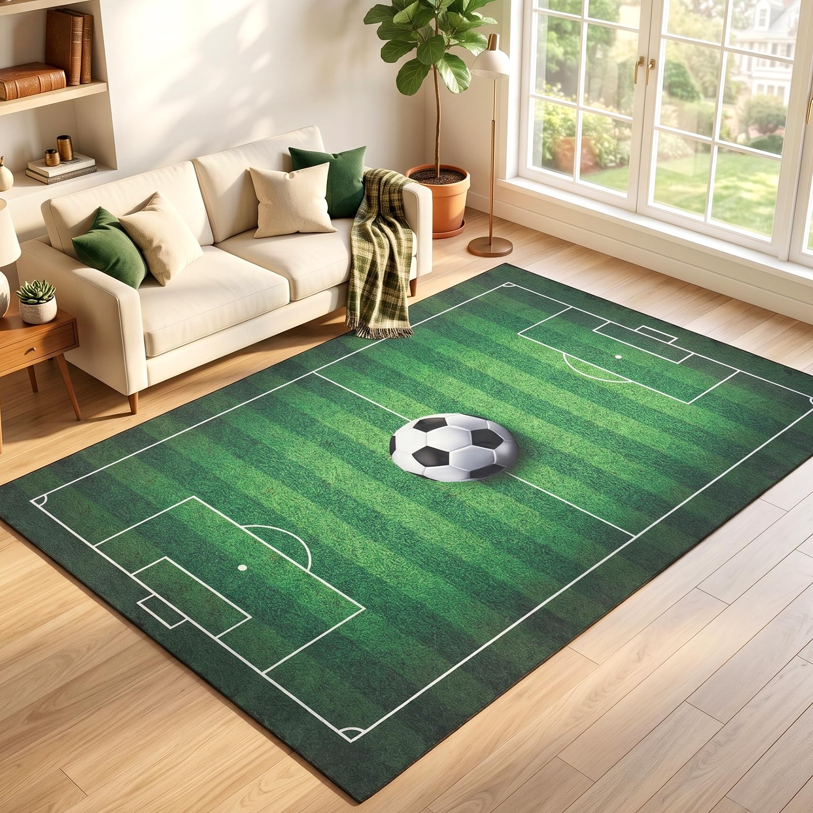 Fussballfeld Teppich, 160 x 240 cm Fußball Spielteppich Groß rutschfeste Fußball Teppich Spielplatz Fußballfeld Dekorative Matte für Spielzimmer Jugendzimmer Wohnzimmer Fußballfans
