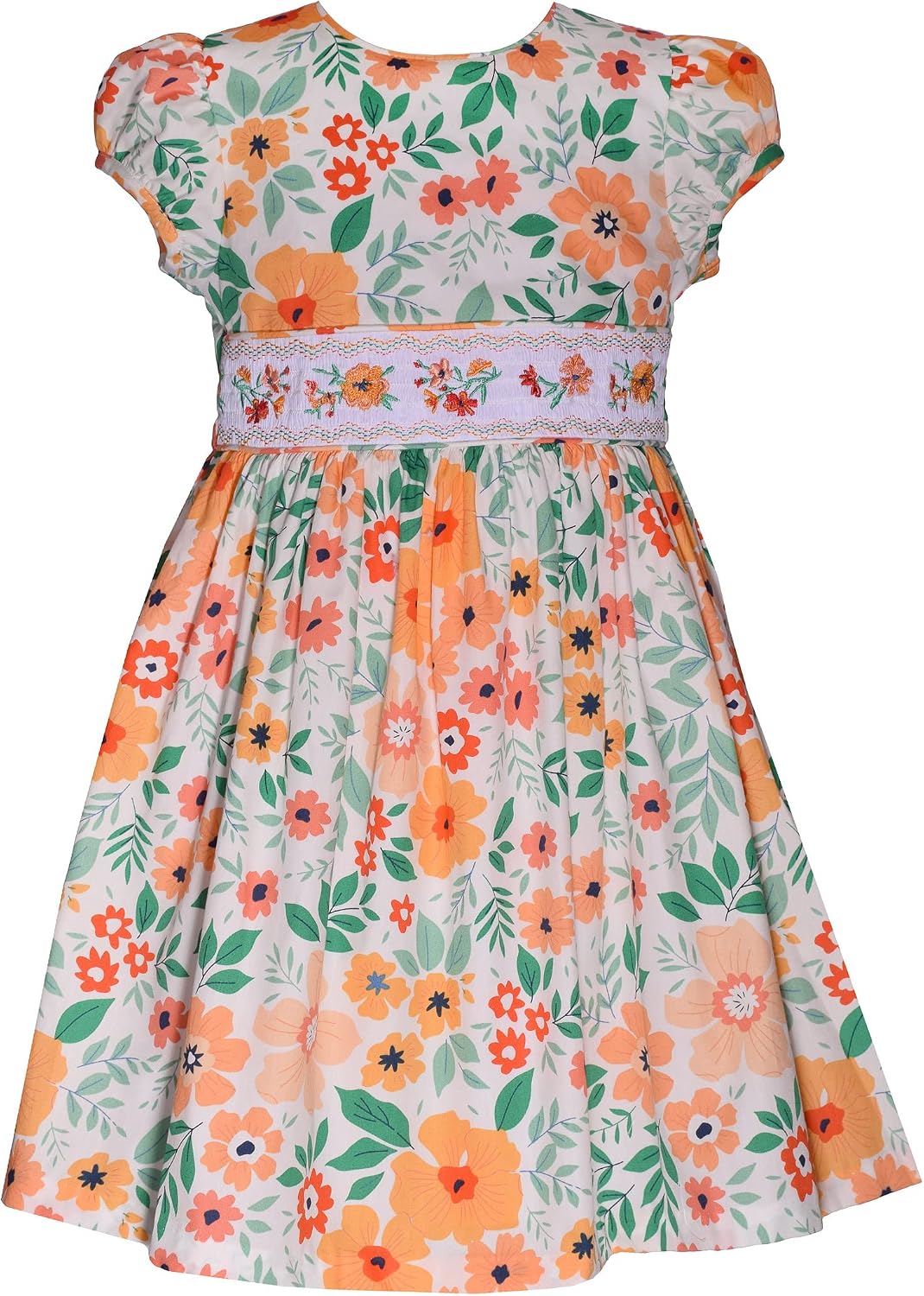Bonnie Jean Girl's Spring Easter Dress - Floral Orange and Green Smocked Dress for Baby and 2T-6X